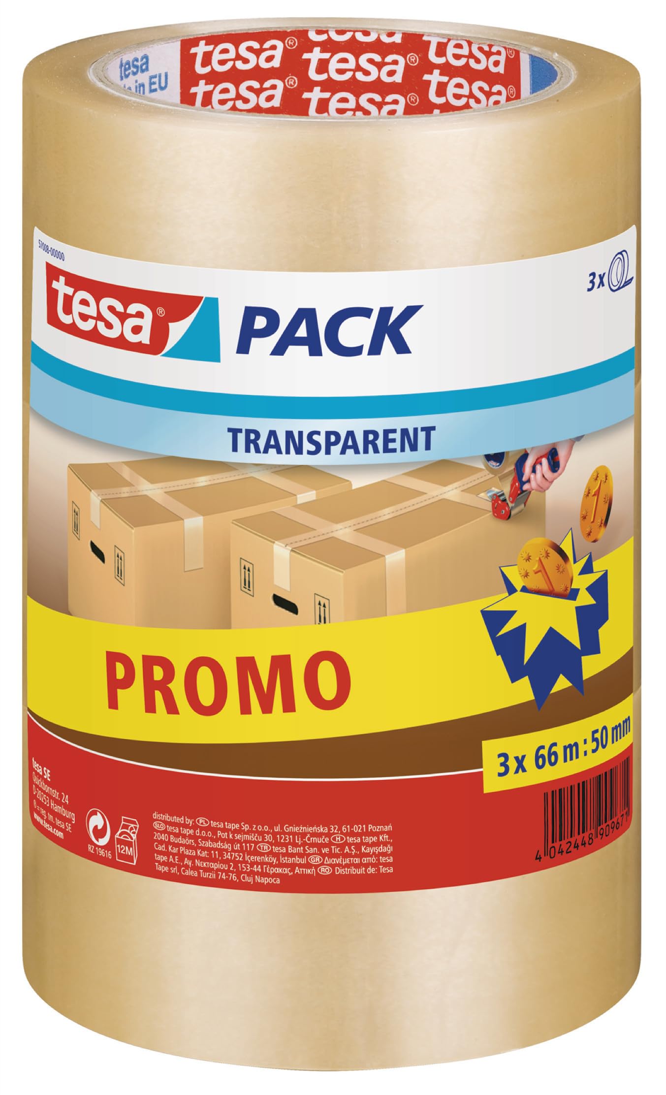 Tesa 57008-00000-01 Packaging Tape, 3 Pieces, Transparent Single