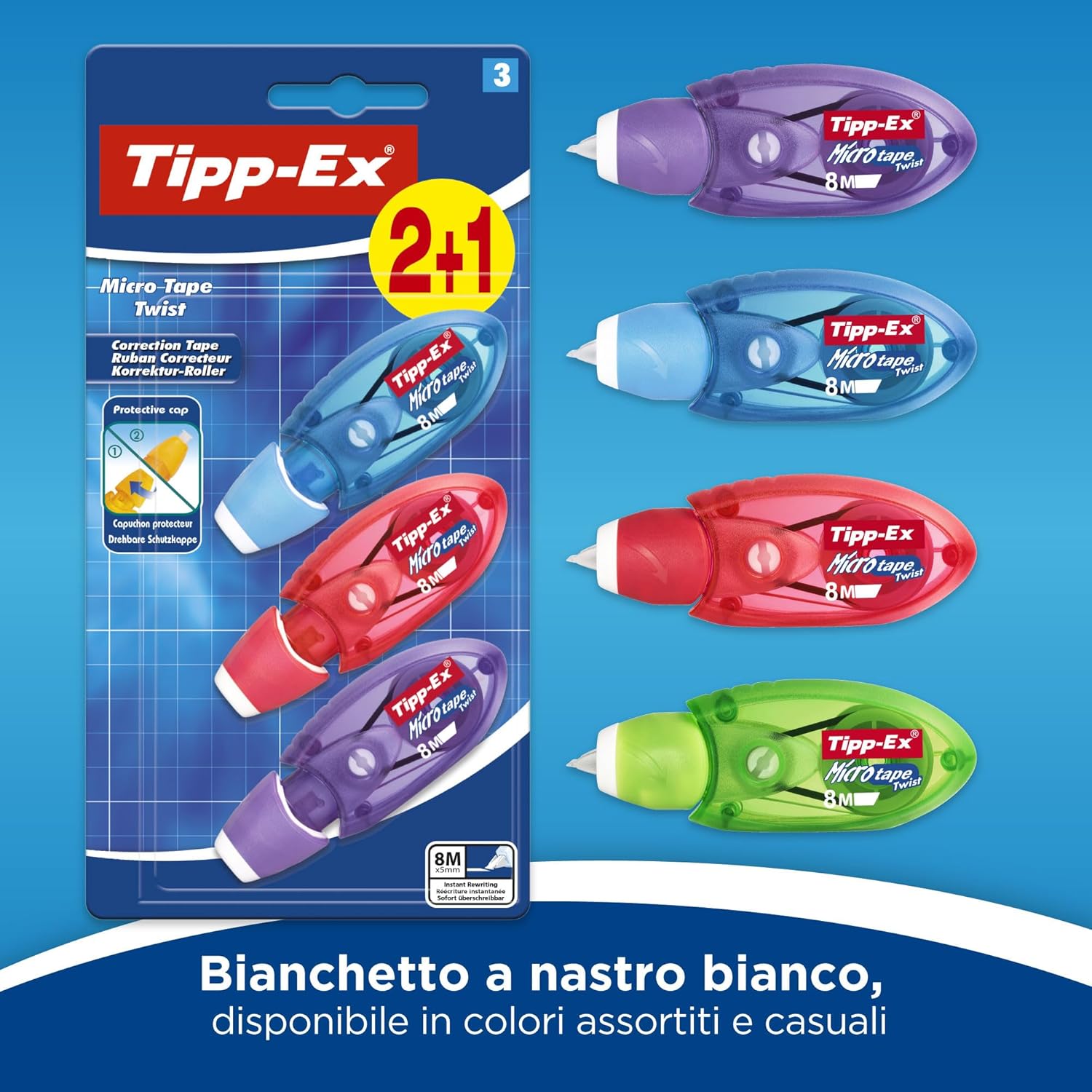 Tipp-Ex Corrector Tape, Micro-Tape Twist, Tape Whiteners 2+1 Units, Assorted Colours, School and Home Stationery Single