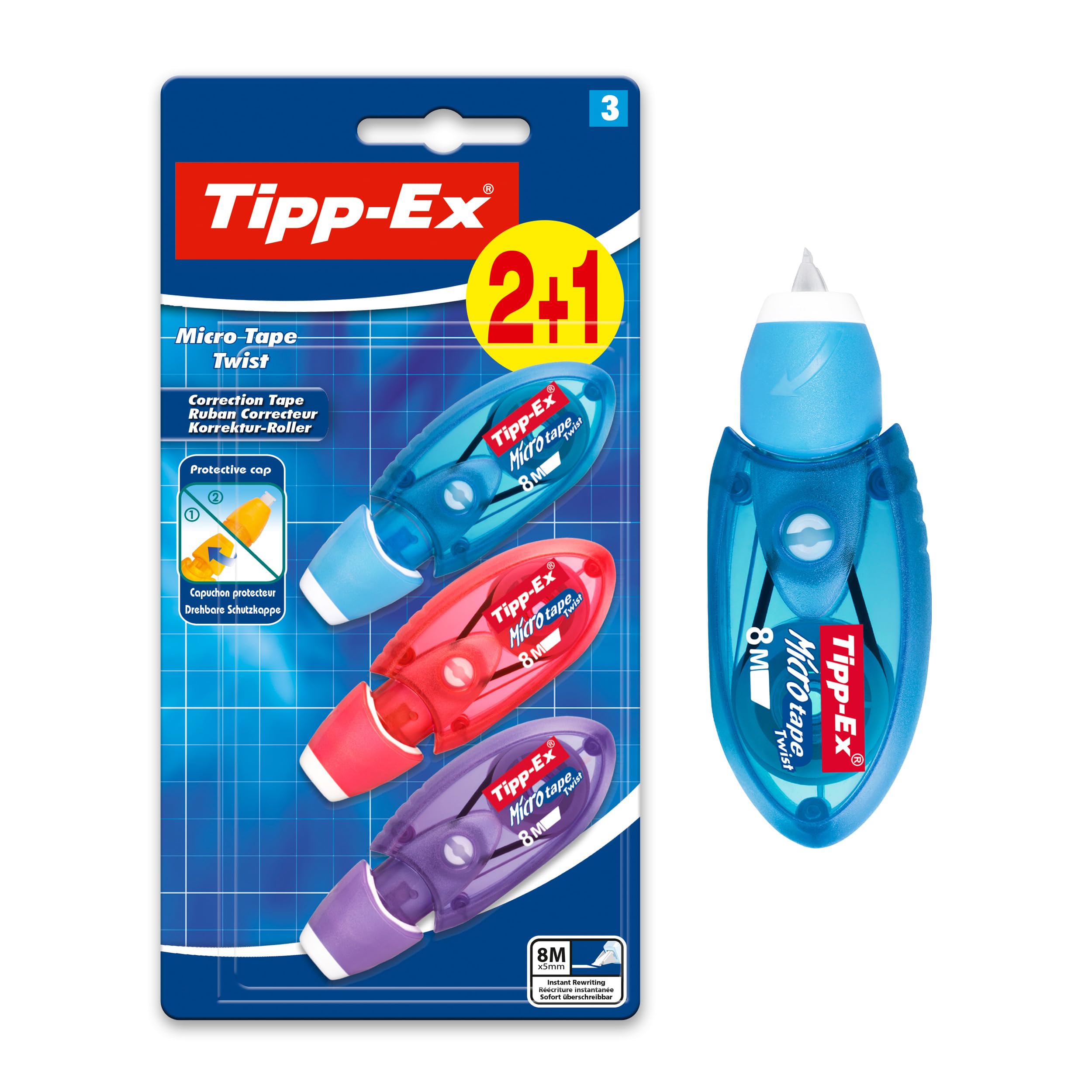 Tipp-Ex Corrector Tape, Micro-Tape Twist, Tape Whiteners 2+1 Units, Assorted Colours, School and Home Stationery Single