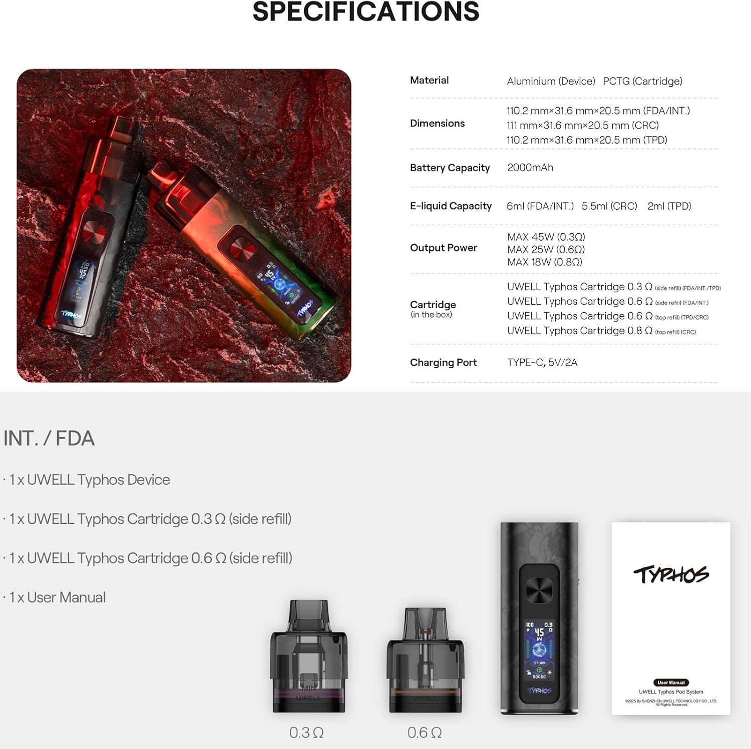 Uwell Typhos Pod Kit - 2000mAh 45W Battery - 6ml 0.6/0.8ohm Cartridge - HD Display - Suction or Button Activation - Electronic Cigarette for MTL or RDL Vaping No Nicotine (Blue Gem)