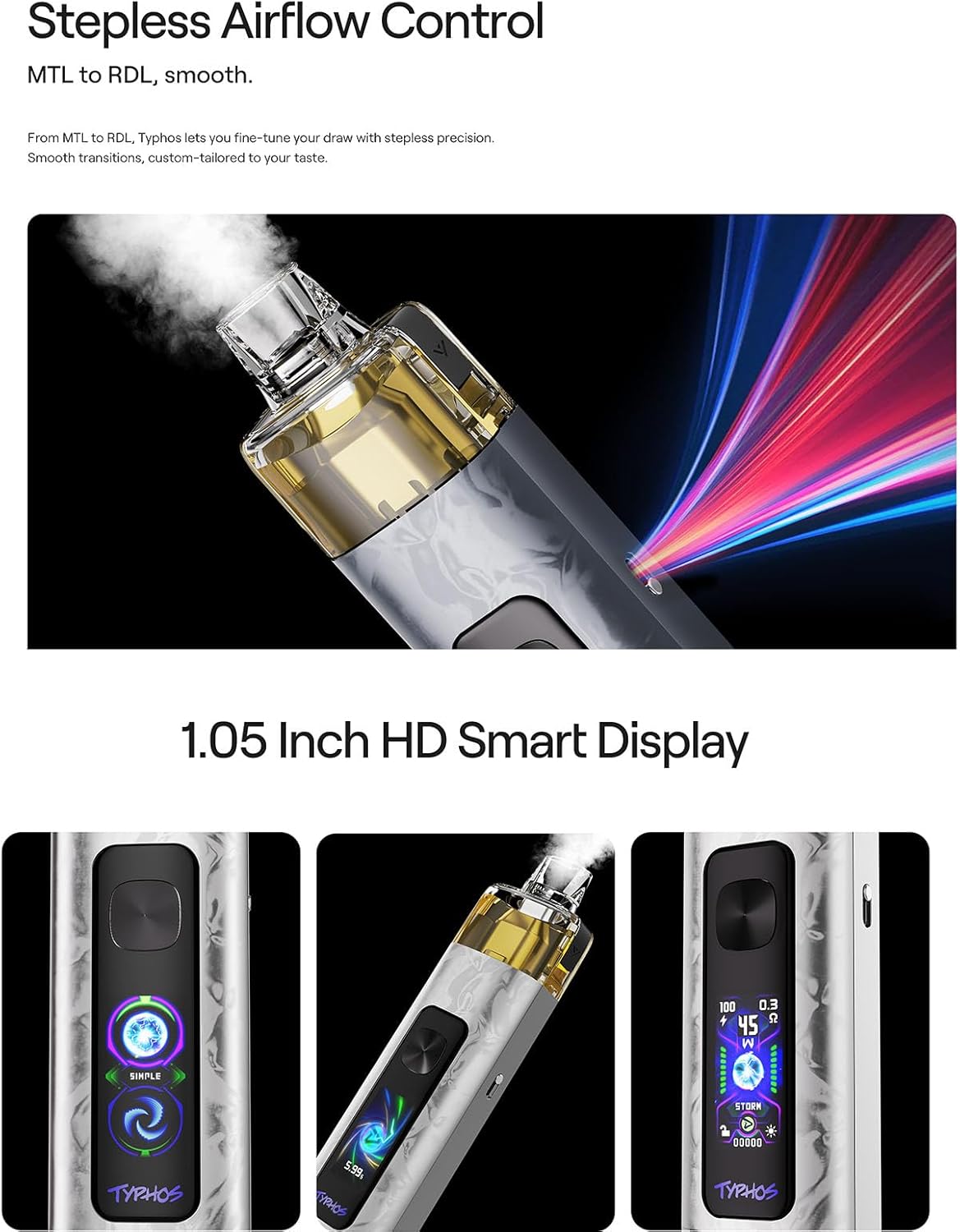 Uwell Typhos Pod Kit - 2000mAh 45W Battery - 6ml 0.6/0.8ohm Cartridge - HD Display - Suction or Button Activation - Electronic Cigarette for MTL or RDL Vaping No Nicotine (Blue Gem)