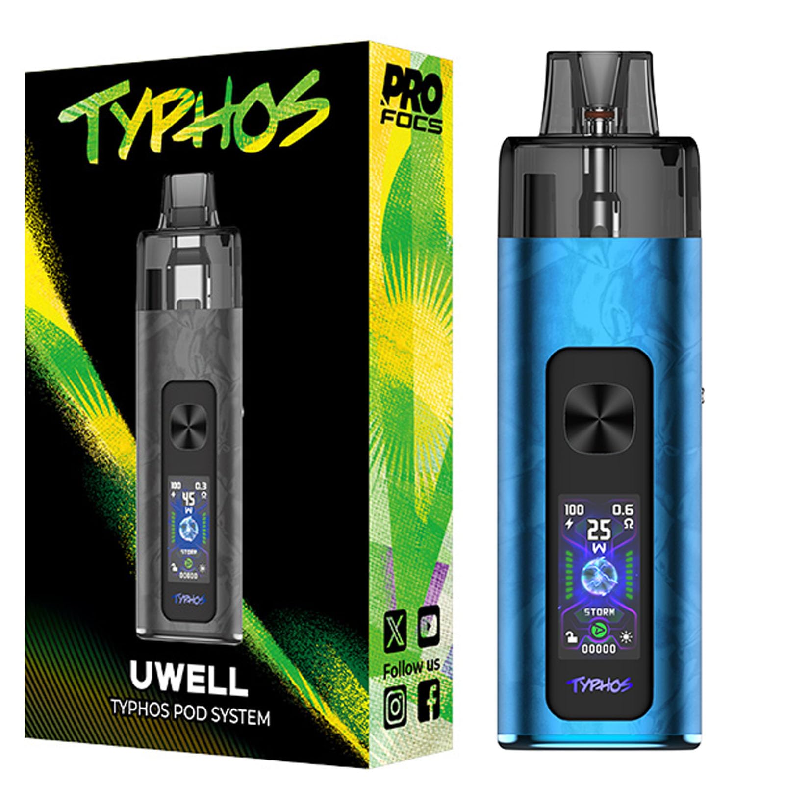 Uwell Typhos Pod Kit - 2000mAh 45W Battery - 6ml 0.6/0.8ohm Cartridge - HD Display - Suction or Button Activation - Electronic Cigarette for MTL or RDL Vaping No Nicotine (Blue Gem)