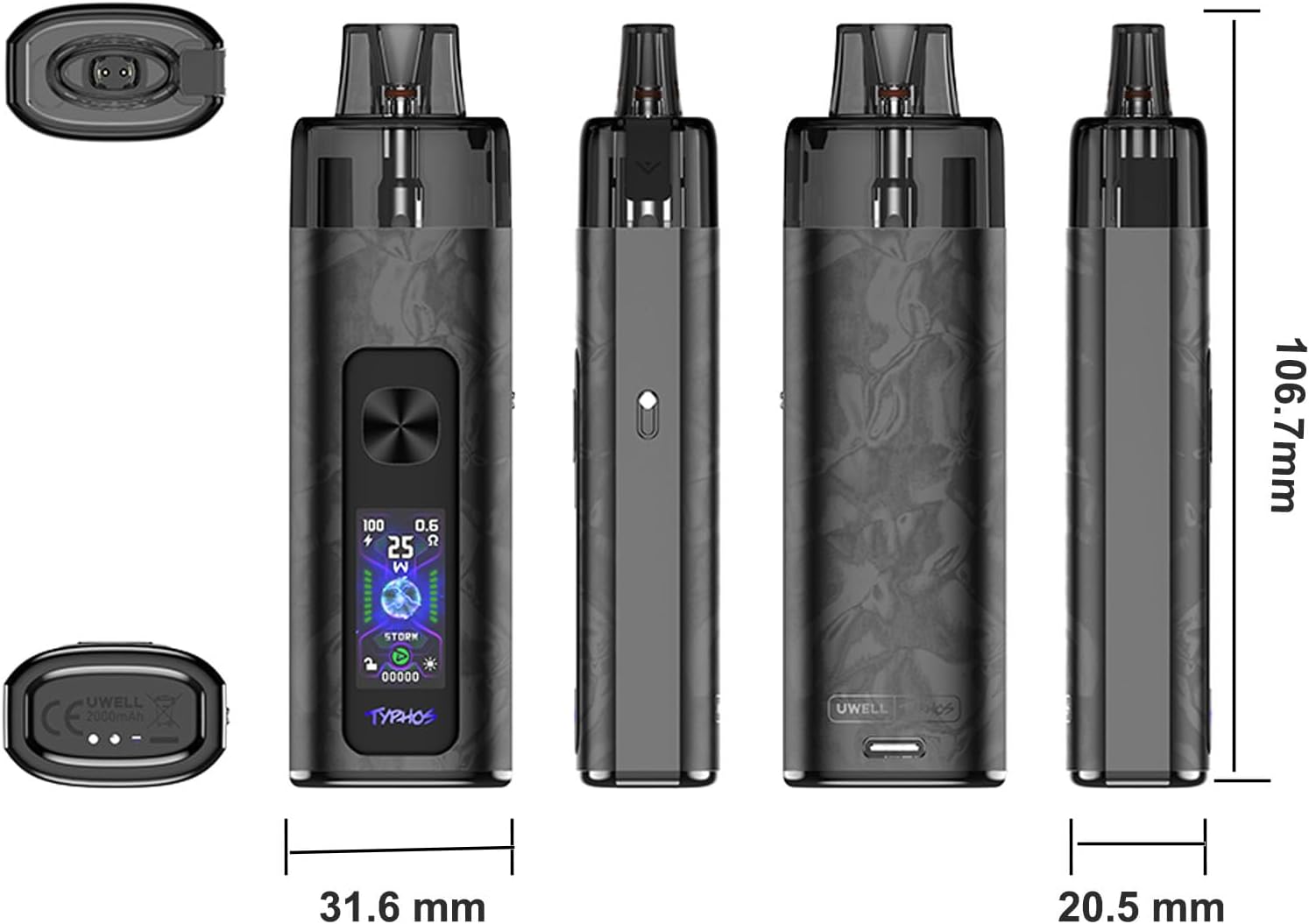 Uwell Typhos Pod Kit - 2000mAh 45W Battery - 6ml 0.6/0.8ohm Cartridge - HD Display - Suction or Button Activation - Electronic Cigarette for MTL or RDL Vaping No Nicotine (Blue Gem)