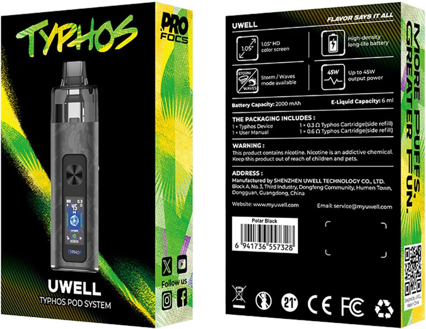 Uwell Typhos Pod Kit - 2000mAh 45W Battery - 6ml 0.6/0.8ohm Cartridge - HD Display - Suction or Button Activation - Electronic Cigarette for MTL or RDL Vaping No Nicotine (Blue Gem)