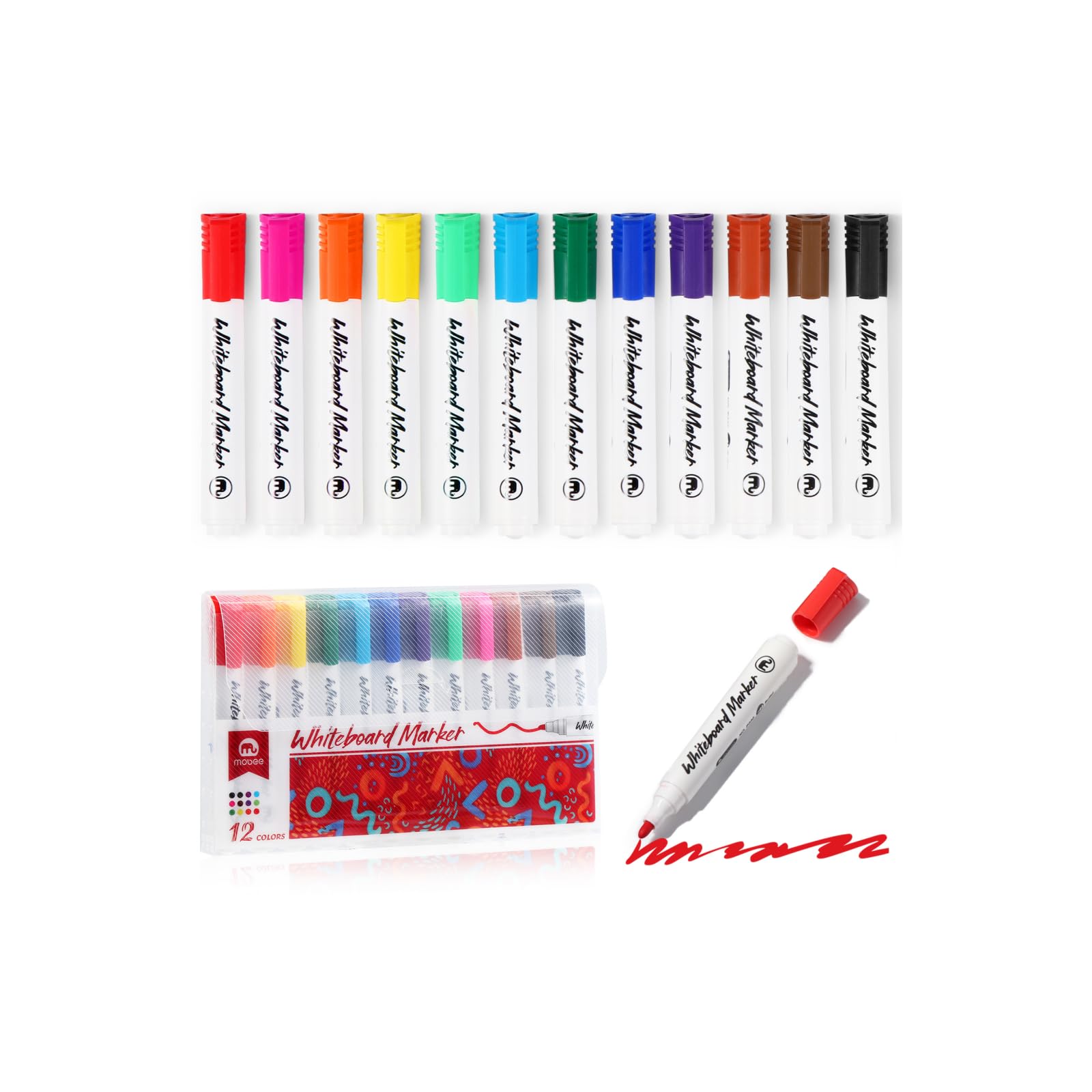 Vinabo Erasable Whiteboard Markers, 12 Colors Fine Tip Whiteboard Markers, Erasable Whiteboard Markers for School and Office Stationery Supply