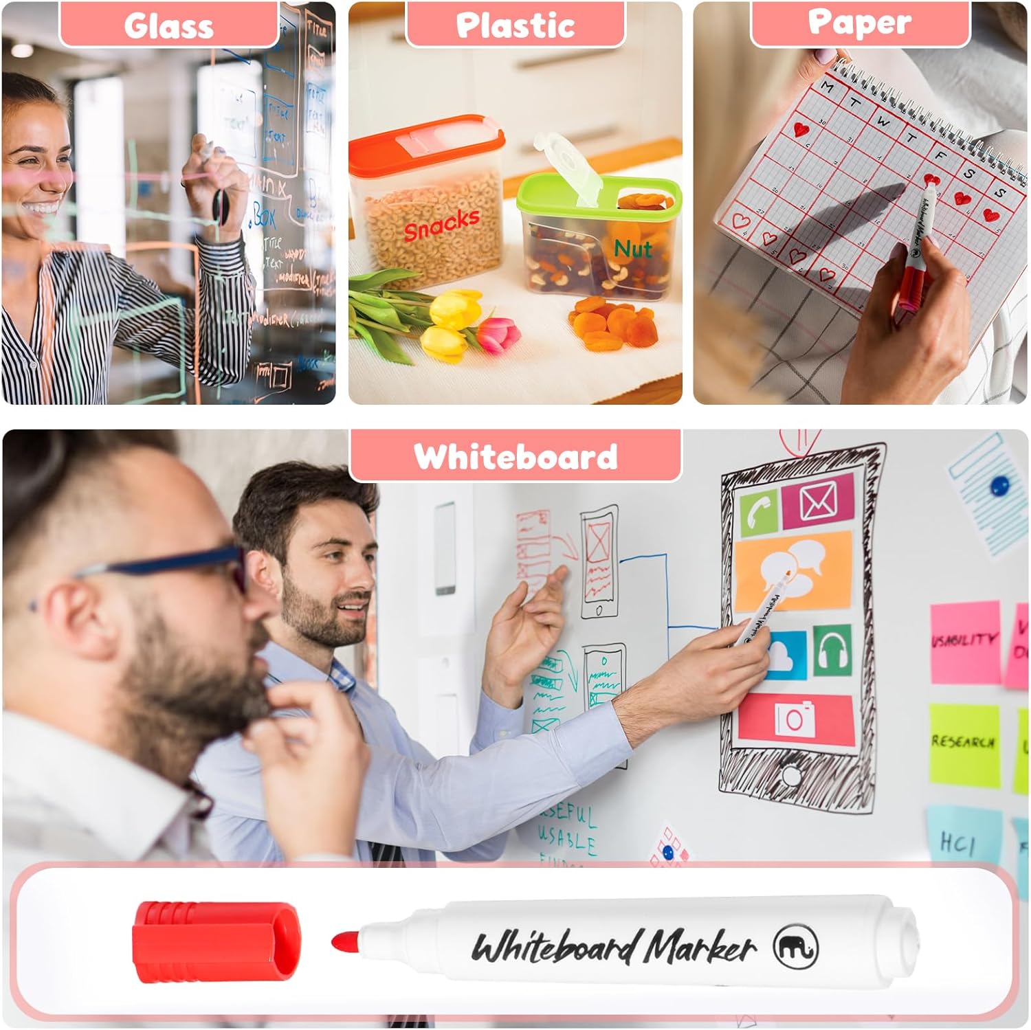 Vinabo Erasable Whiteboard Markers, 12 Colors Fine Tip Whiteboard Markers, Erasable Whiteboard Markers for School and Office Stationery Supply