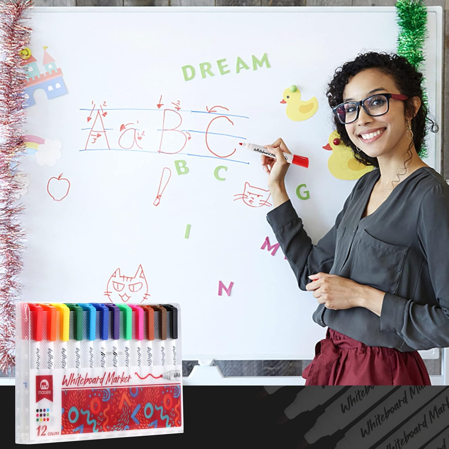 Vinabo Erasable Whiteboard Markers, 12 Colors Fine Tip Whiteboard Markers, Erasable Whiteboard Markers for School and Office Stationery Supply