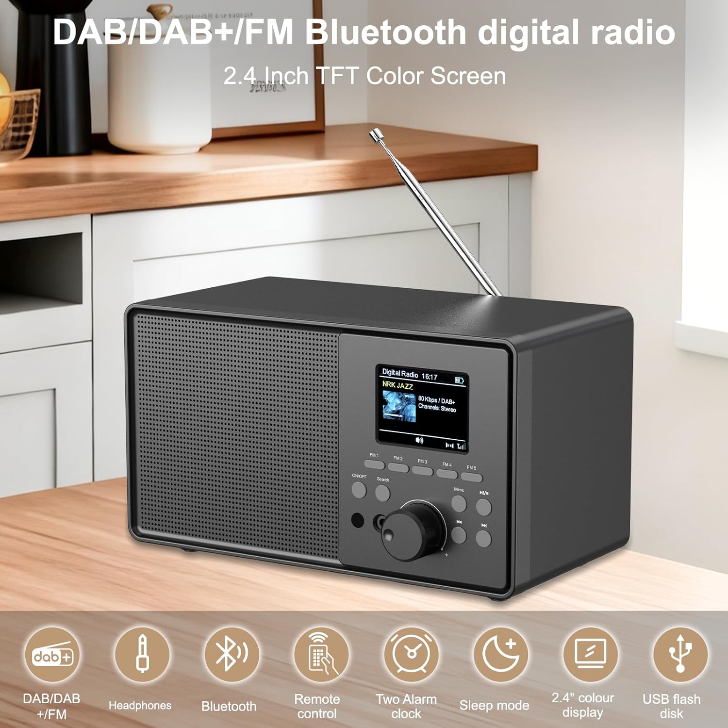 Vintage DAB+/FM Radio with Bluetooth 5.0, DAB Plus Digital Dual Alarm Clock Radio, Remote Control, USB/AUX Port, 30 Preset Stations - Ideal for Kitchen/Bedroom, Quality Gift Black