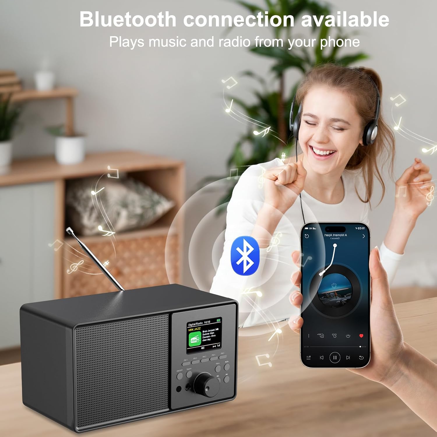 Vintage DAB+/FM Radio with Bluetooth 5.0, DAB Plus Digital Dual Alarm Clock Radio, Remote Control, USB/AUX Port, 30 Preset Stations - Ideal for Kitchen/Bedroom, Quality Gift Black