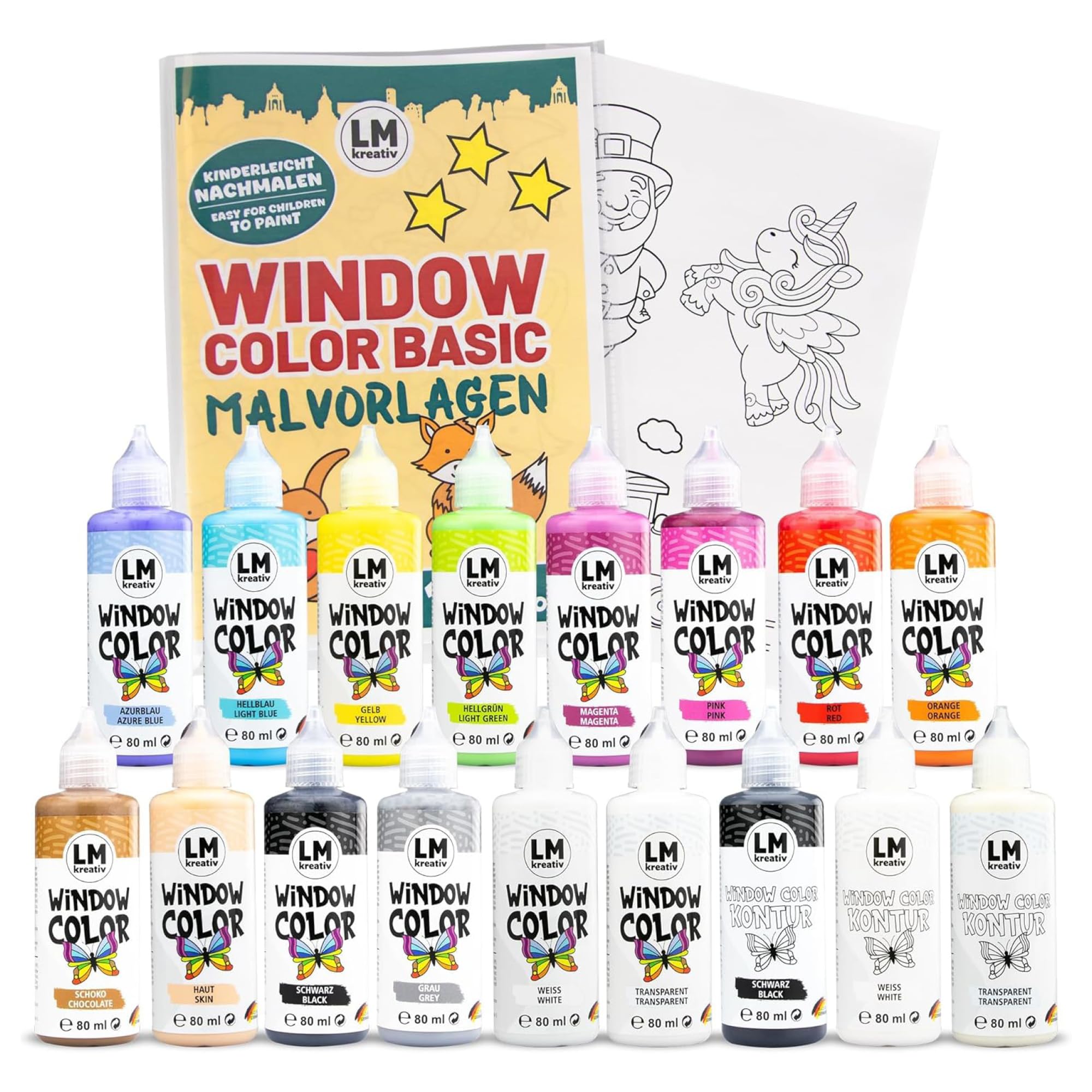 Window Color LM Set (17 × 80 ml) - Repositionable children's window paint with contours and patterns - Residue-free decorative window paint for glass, mirror, tiles light blue, light blue, yellow, light green, orange, pink, red, chocolate, magenta, grey, black, white, transparent, black, white