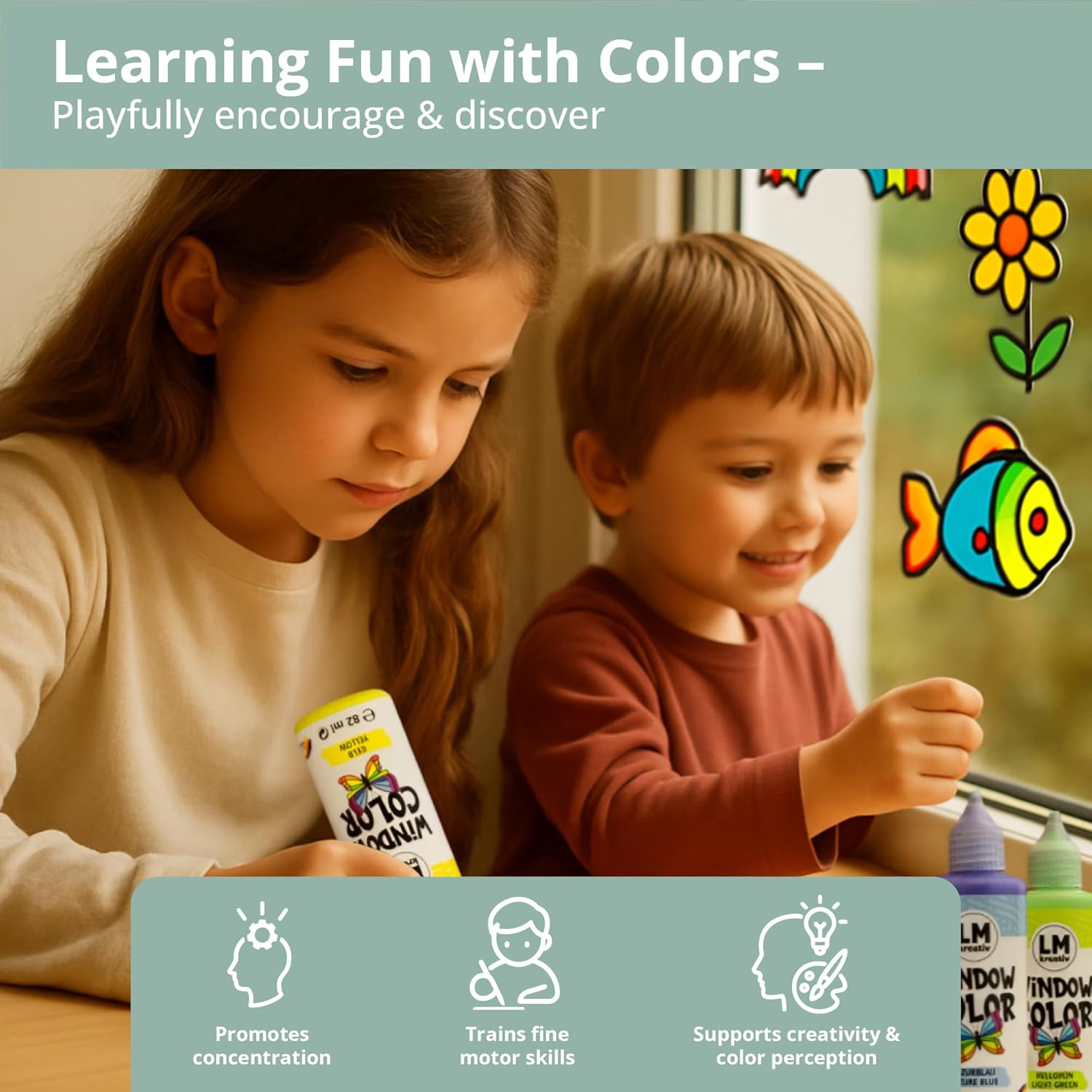 Window Color LM Set (17 × 80 ml) - Repositionable children's window paint with contours and patterns - Residue-free decorative window paint for glass, mirror, tiles light blue, light blue, yellow, light green, orange, pink, red, chocolate, magenta, grey, black, white, transparent, black, white