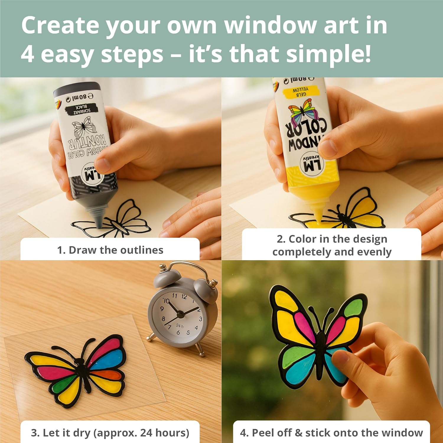 Window Color LM Set (17 × 80 ml) - Repositionable children's window paint with contours and patterns - Residue-free decorative window paint for glass, mirror, tiles light blue, light blue, yellow, light green, orange, pink, red, chocolate, magenta, grey, black, white, transparent, black, white