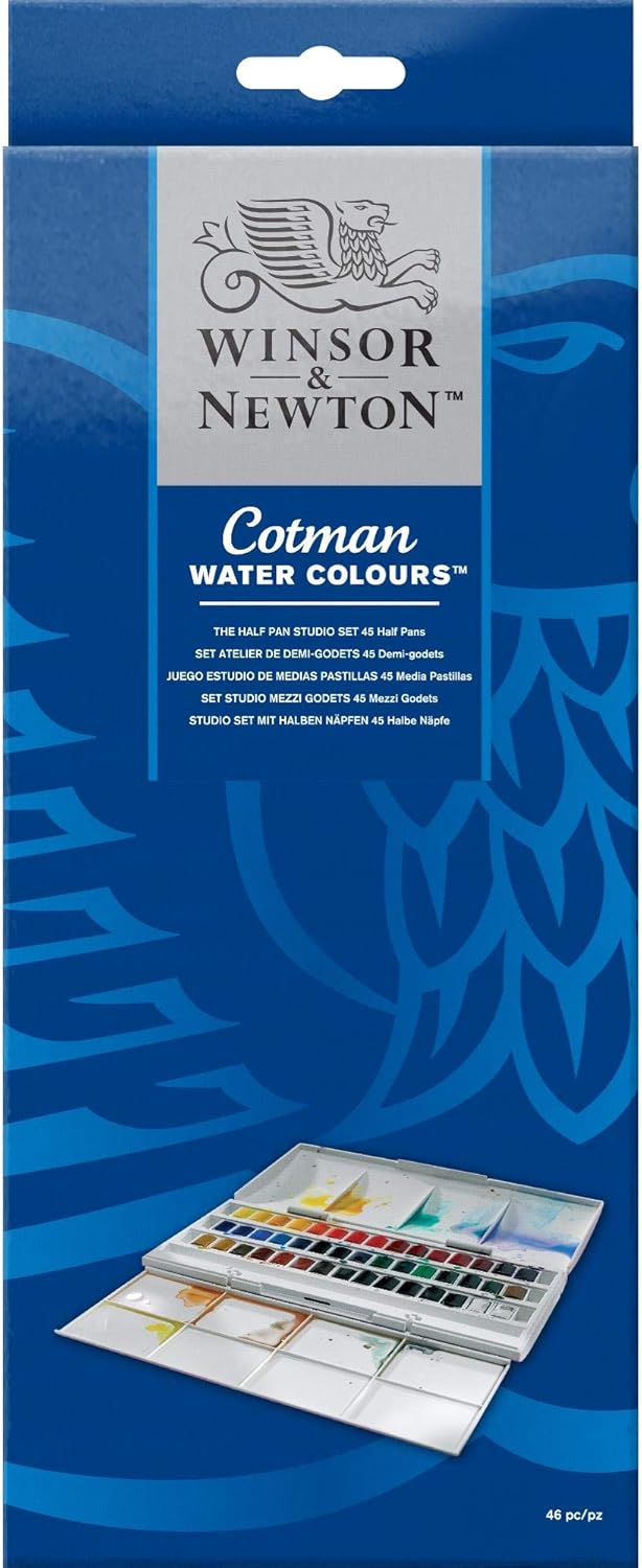 Winsor & Newton Cotman Watercolour, Studio Set, 45 Half Pans and 1 Cotman 45 1/2 Round Watercolor Brush GODETS STUDIO