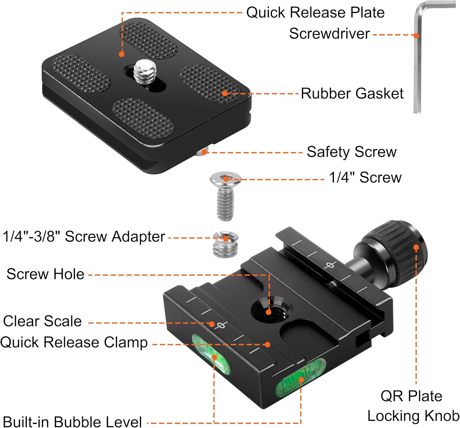 50mm Quick Release Plate, Quick Release Plate Clamp with Bubble Level, 1/4-3/8 Screw Adapter, Compatible with Arca-Swiss, for DSLR Cameras, Tripods, Monopods