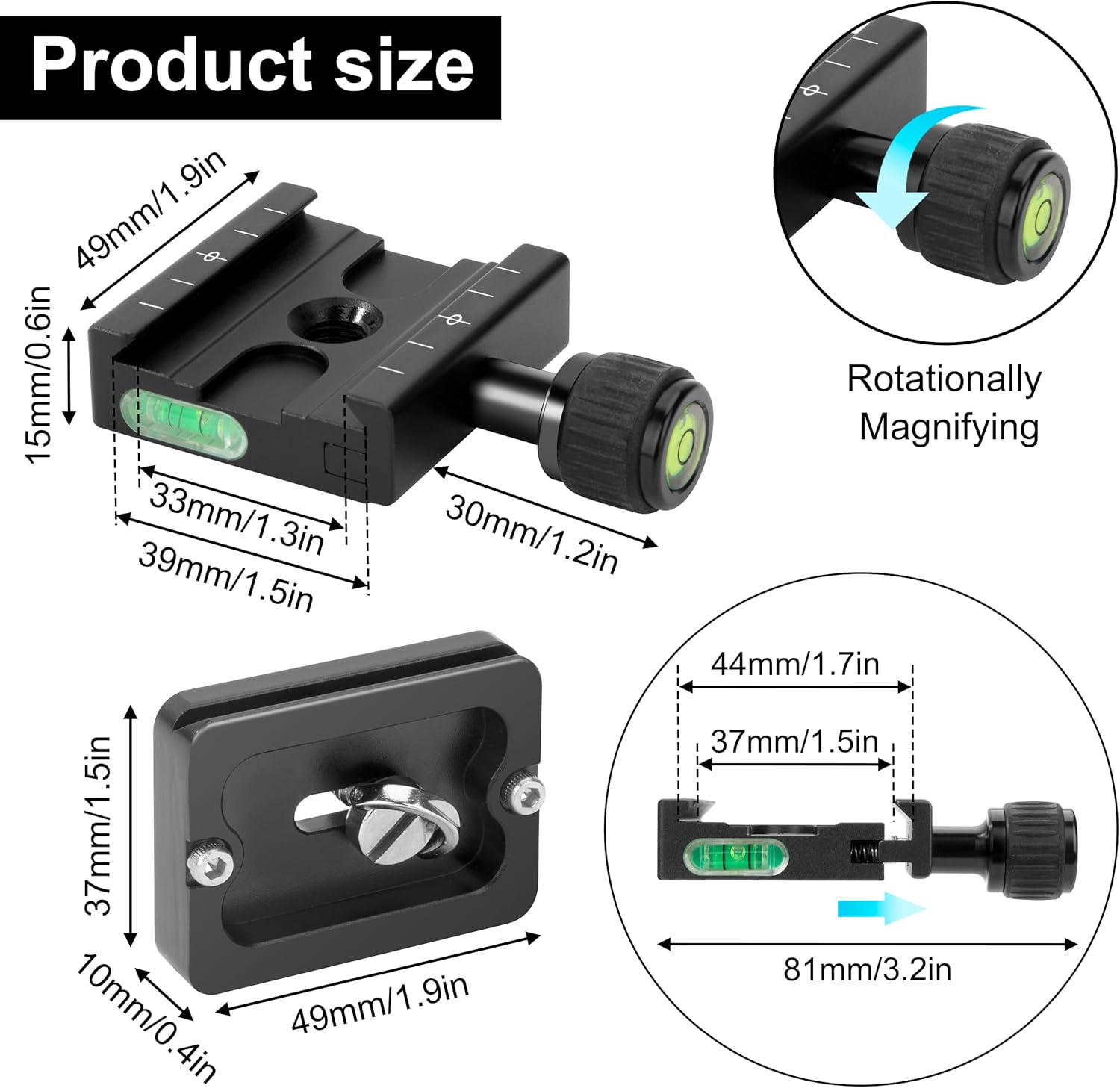 50mm Quick Release Plate, Quick Release Plate Clamp with Bubble Level, 1/4-3/8 Screw Adapter, Compatible with Arca-Swiss, for DSLR Cameras, Tripods, Monopods