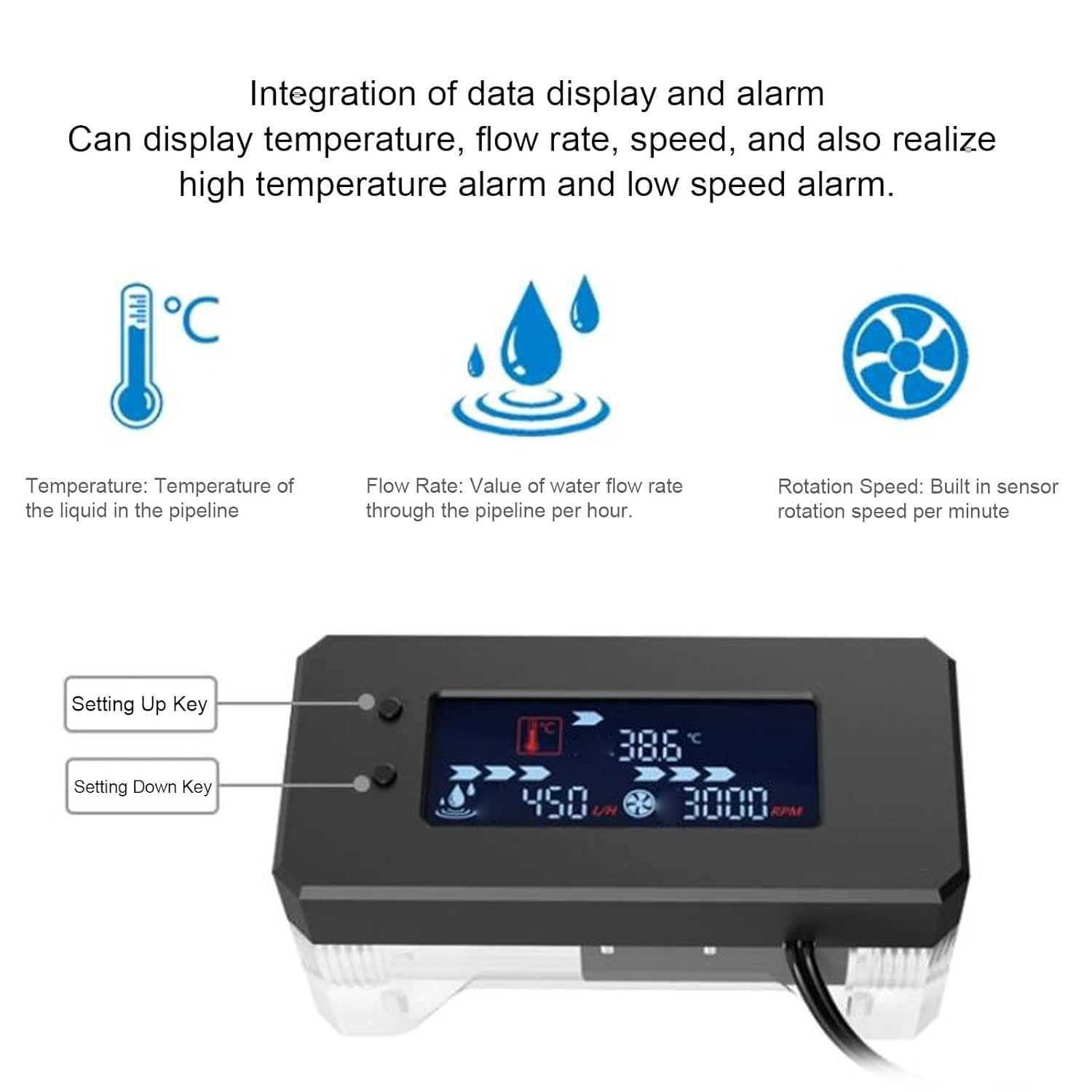Alarm Water Cooling Counter, Digital Display with RPM Temperature Monitoring and Alarm Function, for PC Water Cooling 12 24V