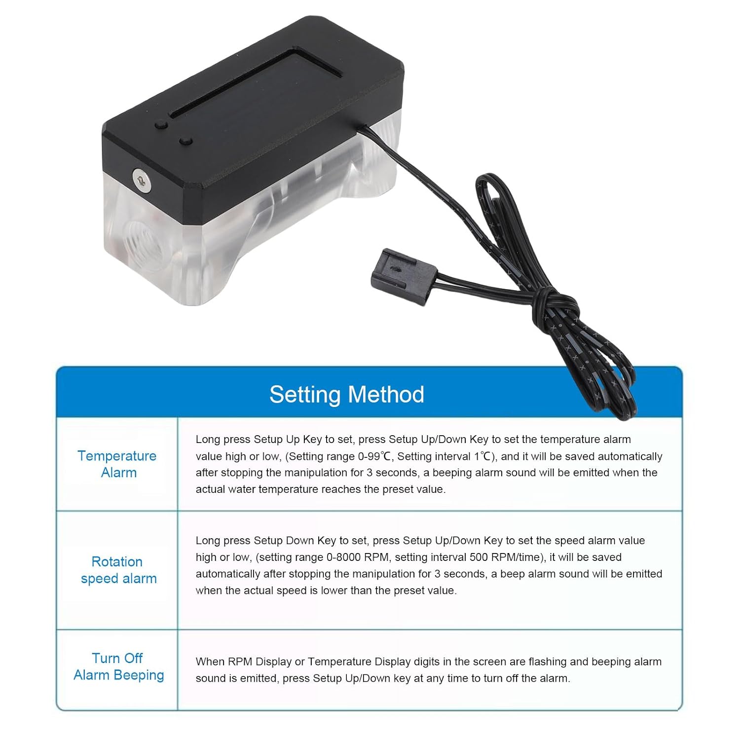 Alarm Water Cooling Counter, Digital Display with RPM Temperature Monitoring and Alarm Function, for PC Water Cooling 12 24V