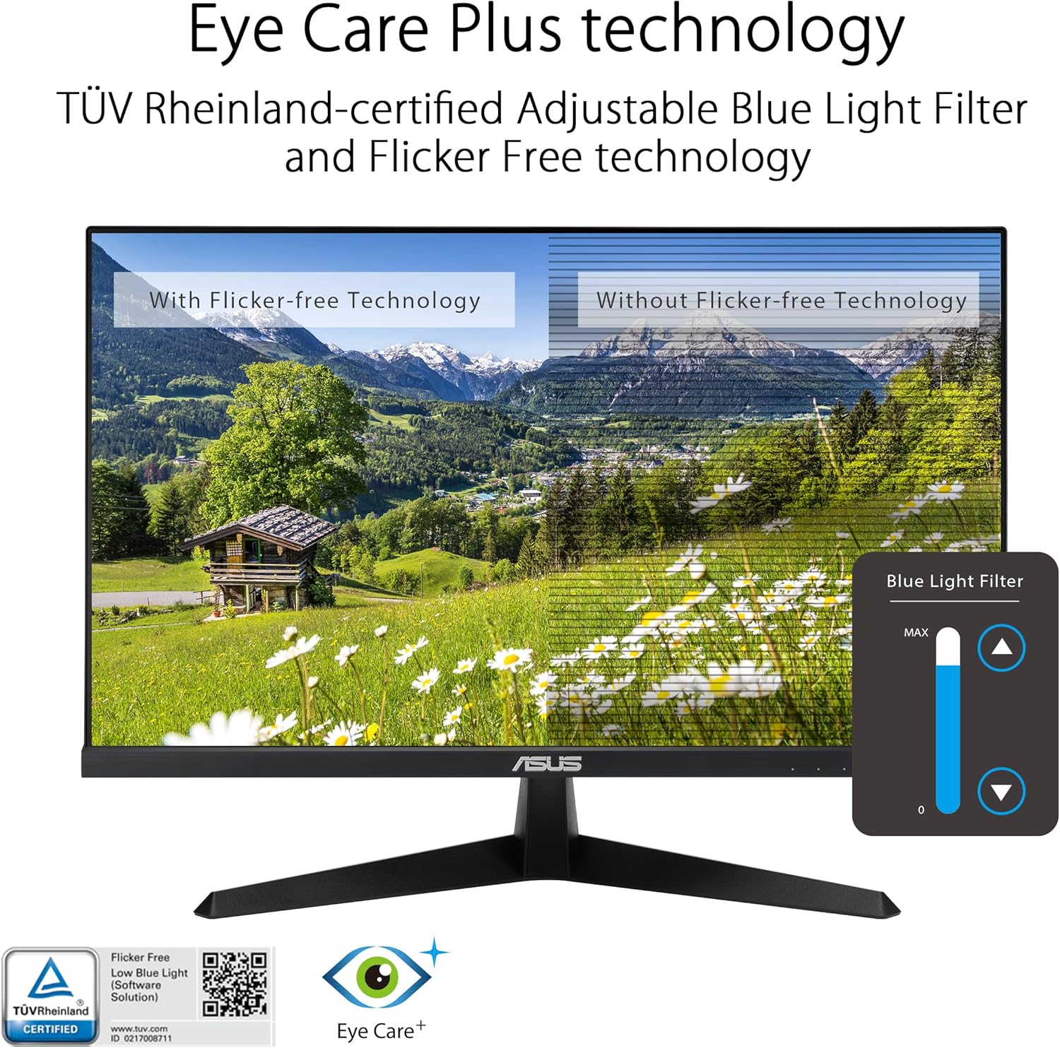 ASUS VY249HGE Eye Care Gaming Monitor 24" inches FHD (1920 x 1080), IPS 144Hz, SmoothMotion, 1ms (MPRT), FreeSync Premium, Eye Care Plus Technology, Blue Light Filter, Anti-flicker, Black VY249HGE 23.8" IPS FHD
