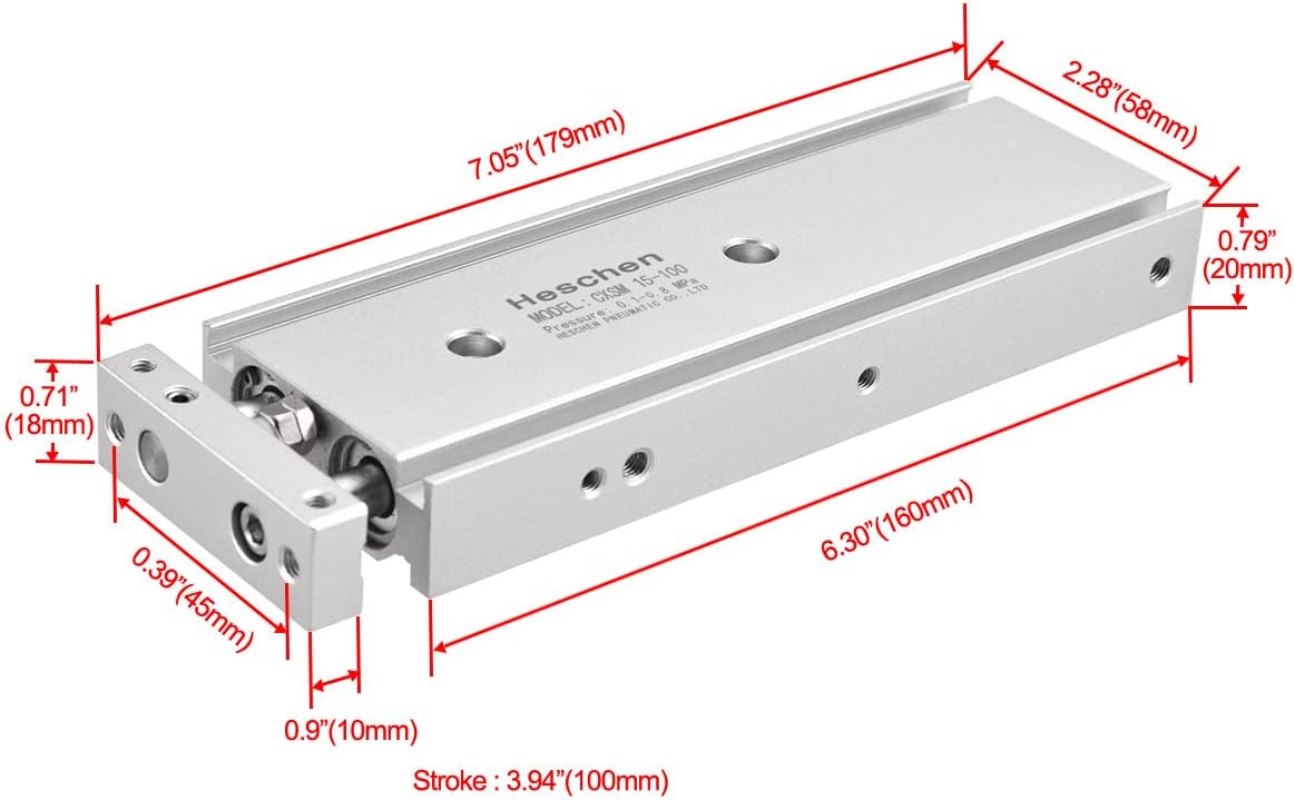 Heschen CXSM 15-100 - Double Aluminum Pneumatic Cylinder, Double Rod Pneumatic Guide, 15mm Bore, 100mm Stroke, Double Action