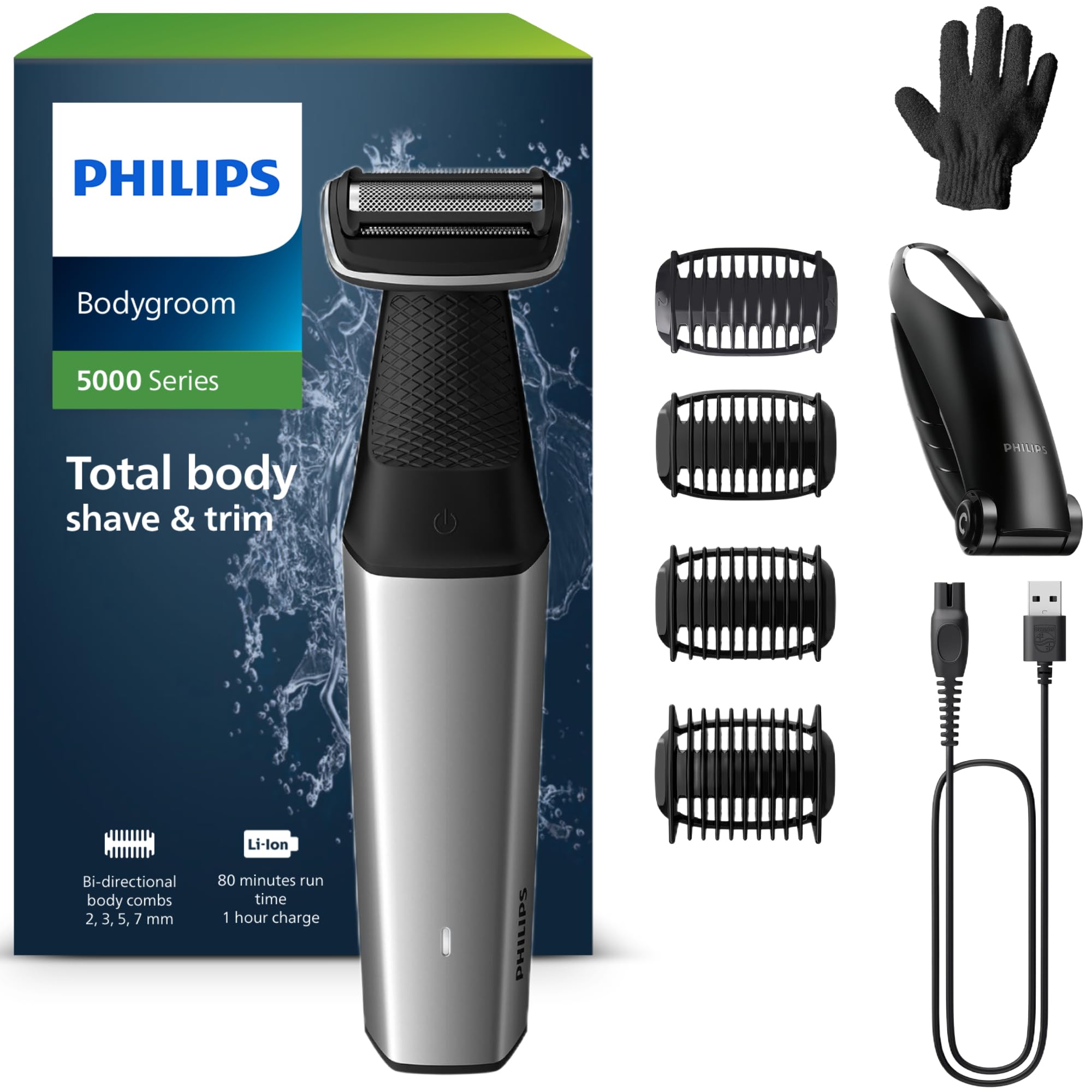 Philips Bodygroom Series 5000 Waterproof bikini and body trimmer, precise and comfortable shaving, complete body care (including back), 60 minutes of autonomy, model BG5021/16
