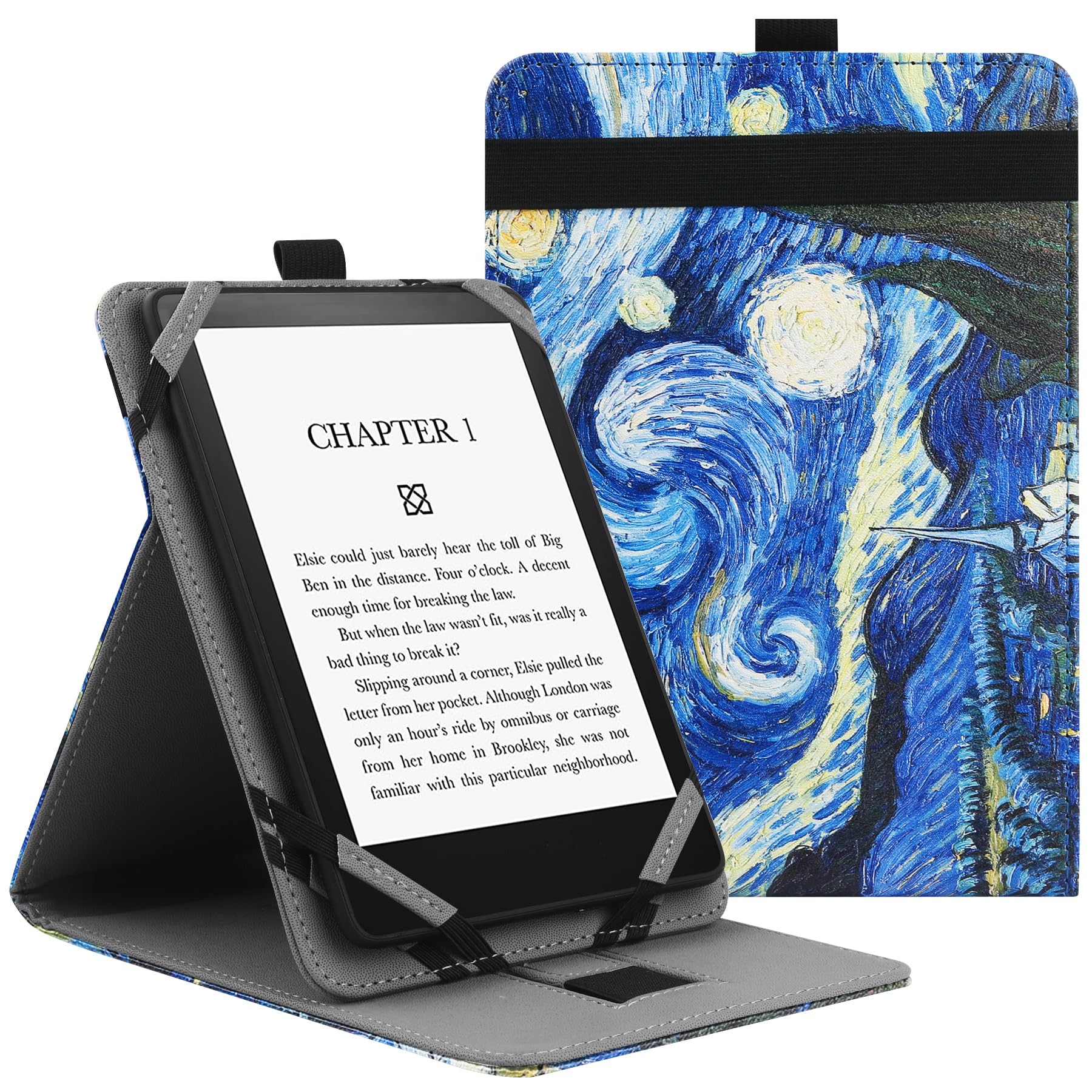 VOVIPO Universal Case for 6" 6.8" 7" Kindle Paperwhite/colorsoft eReaders, Stand Cover with Strap Compatible with Kindle/Kobo/Tolino/Pocketbook/Sony 6-6.8-7 inch ebook readers-Starry Sky