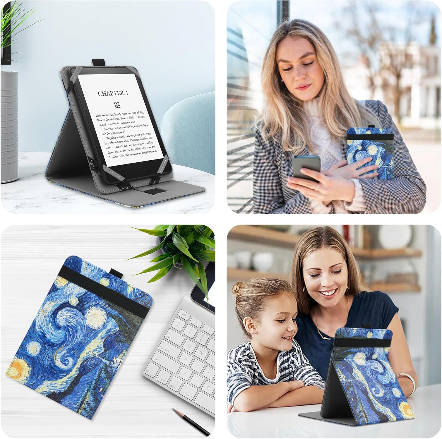 VOVIPO Universal Case for 6" 6.8" 7" Kindle Paperwhite/colorsoft eReaders, Stand Cover with Strap Compatible with Kindle/Kobo/Tolino/Pocketbook/Sony 6-6.8-7 inch ebook readers-Starry Sky