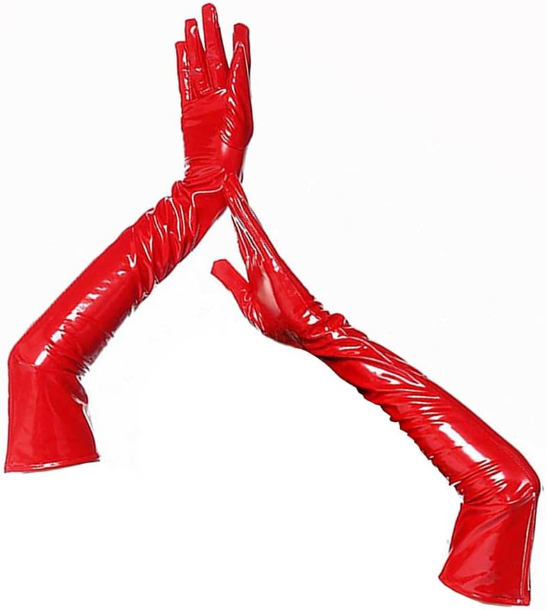 Women's Stretch Faux Leather Long Gloves for Everyday Masquerade Party Evening Cosplay Wedding L Red