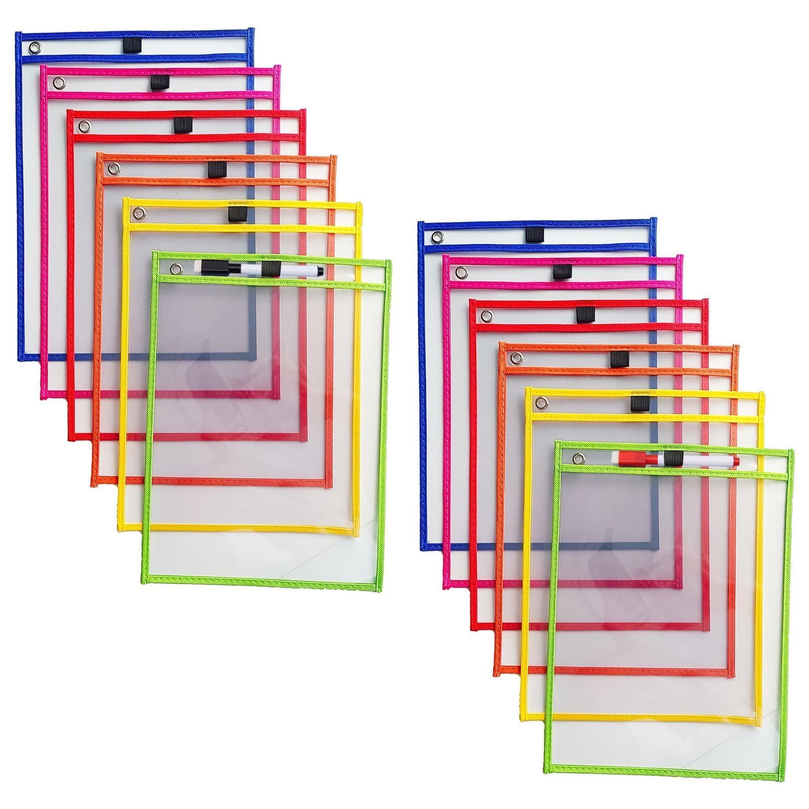 12 Pieces Clear Folders, A4 Erasable Pocket Clear Sleeves, 35.5 × 25.5 cm, Resuable Dry Erase Pocket Reusable Clean Pockets with 2 Pens, for School, Office, Home
