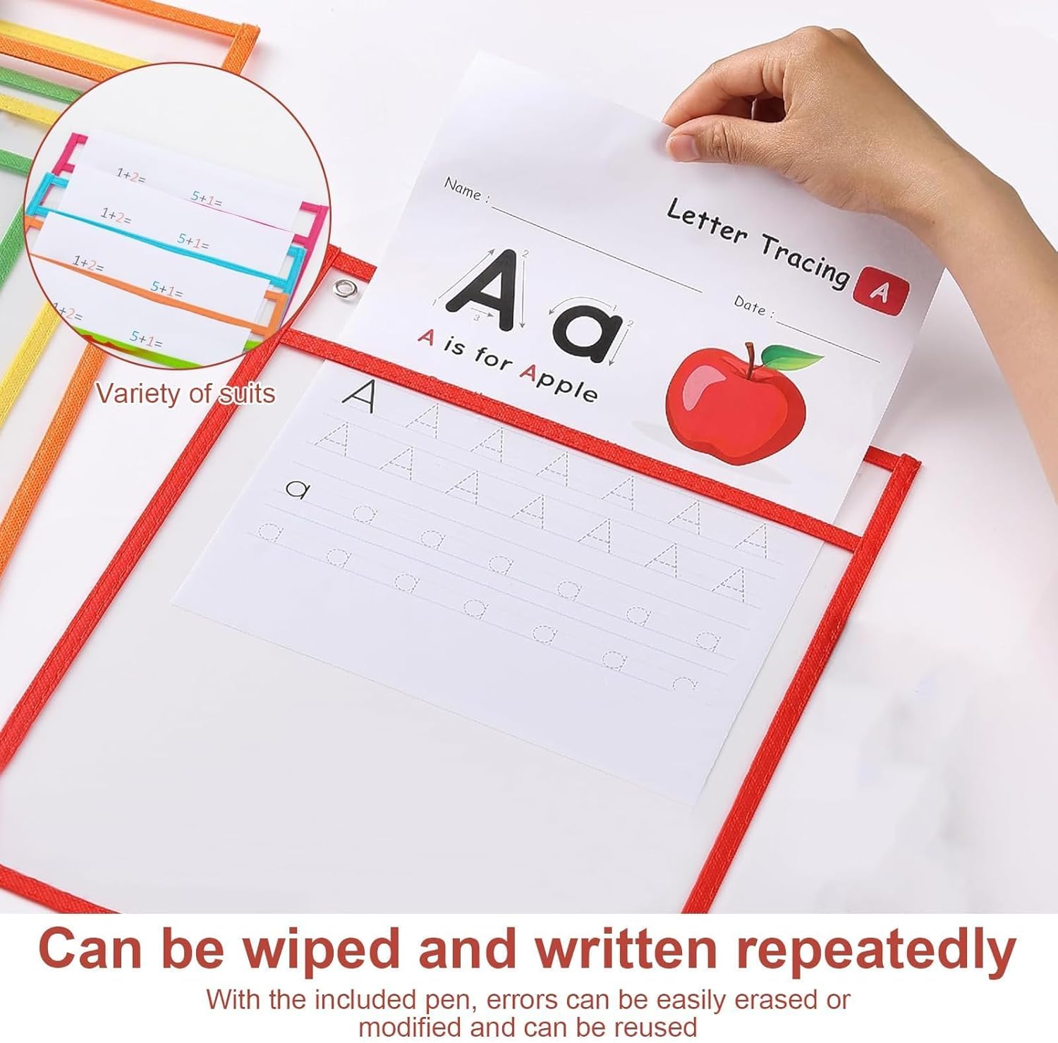 12 Pieces Clear Folders, A4 Erasable Pocket Clear Sleeves, 35.5 × 25.5 cm, Resuable Dry Erase Pocket Reusable Clean Pockets with 2 Pens, for School, Office, Home