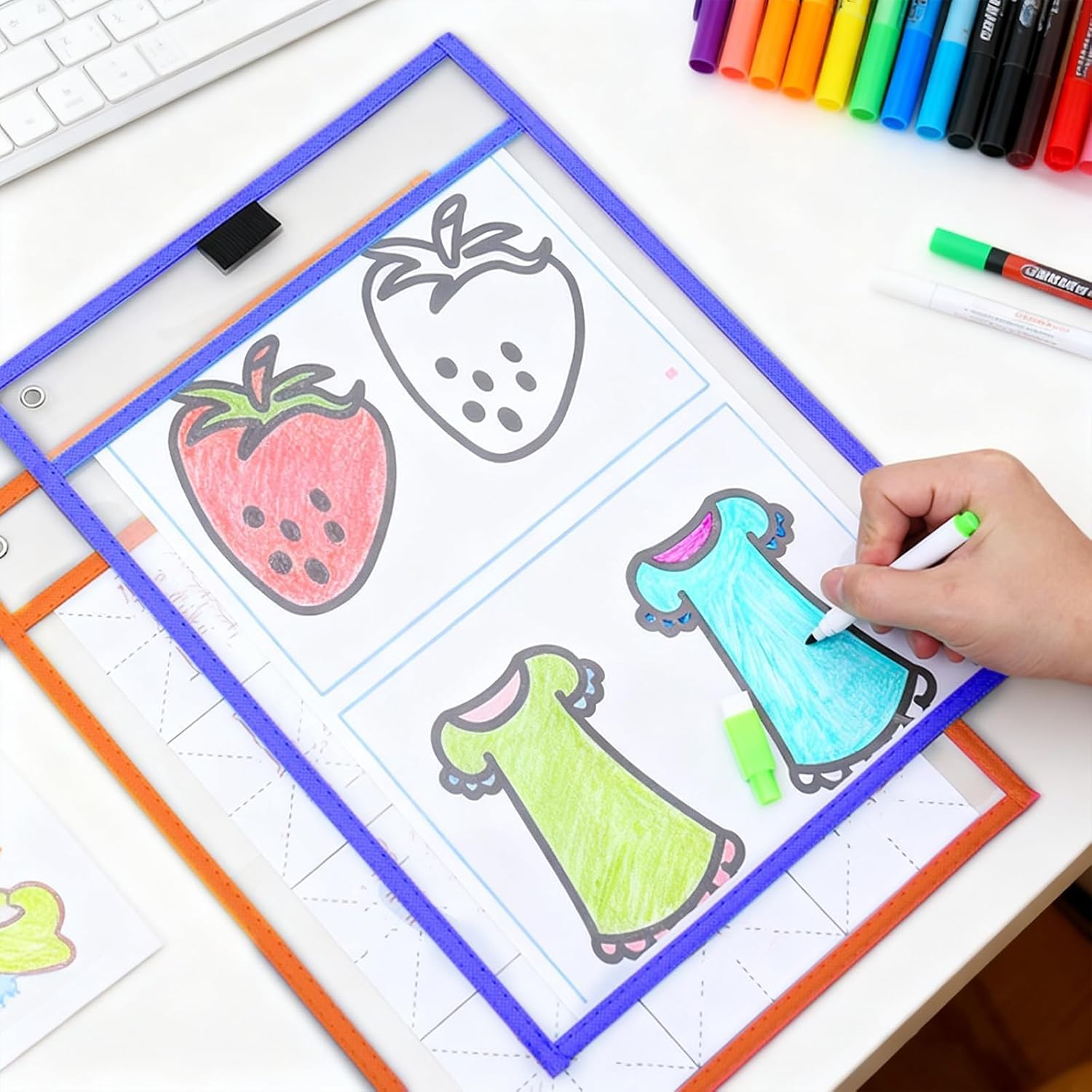 12 Pieces Clear Folders, A4 Erasable Pocket Clear Sleeves, 35.5 × 25.5 cm, Resuable Dry Erase Pocket Reusable Clean Pockets with 2 Pens, for School, Office, Home