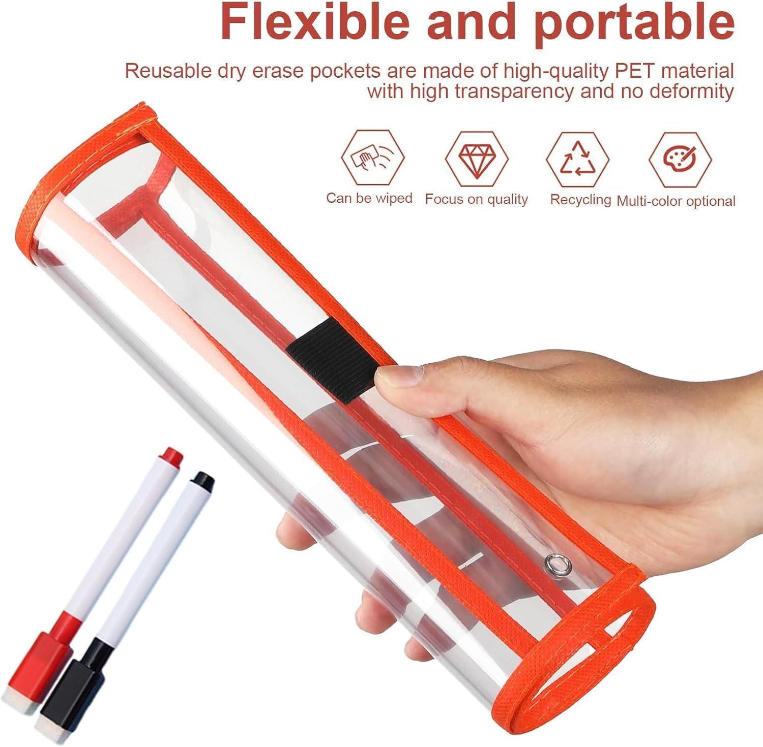 12 Pieces Clear Folders, A4 Erasable Pocket Clear Sleeves, 35.5 × 25.5 cm, Resuable Dry Erase Pocket Reusable Clean Pockets with 2 Pens, for School, Office, Home