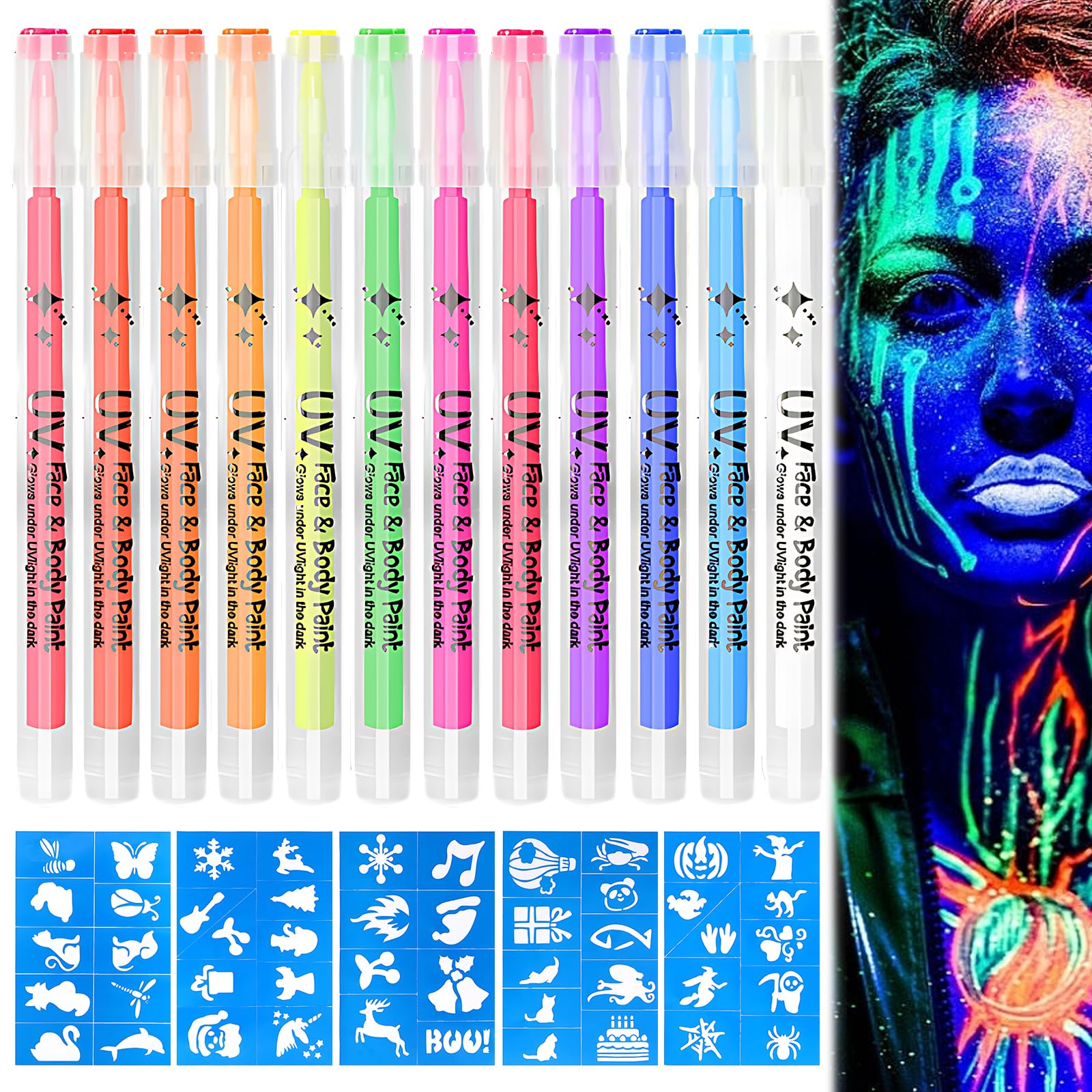 12 Shades Fluorescent Makeup Pencils Fluorescent Painting in the Dark, Skin-Friendly and Water Resistant, Easy to Apply and Remove, Suitable for All Skin Types