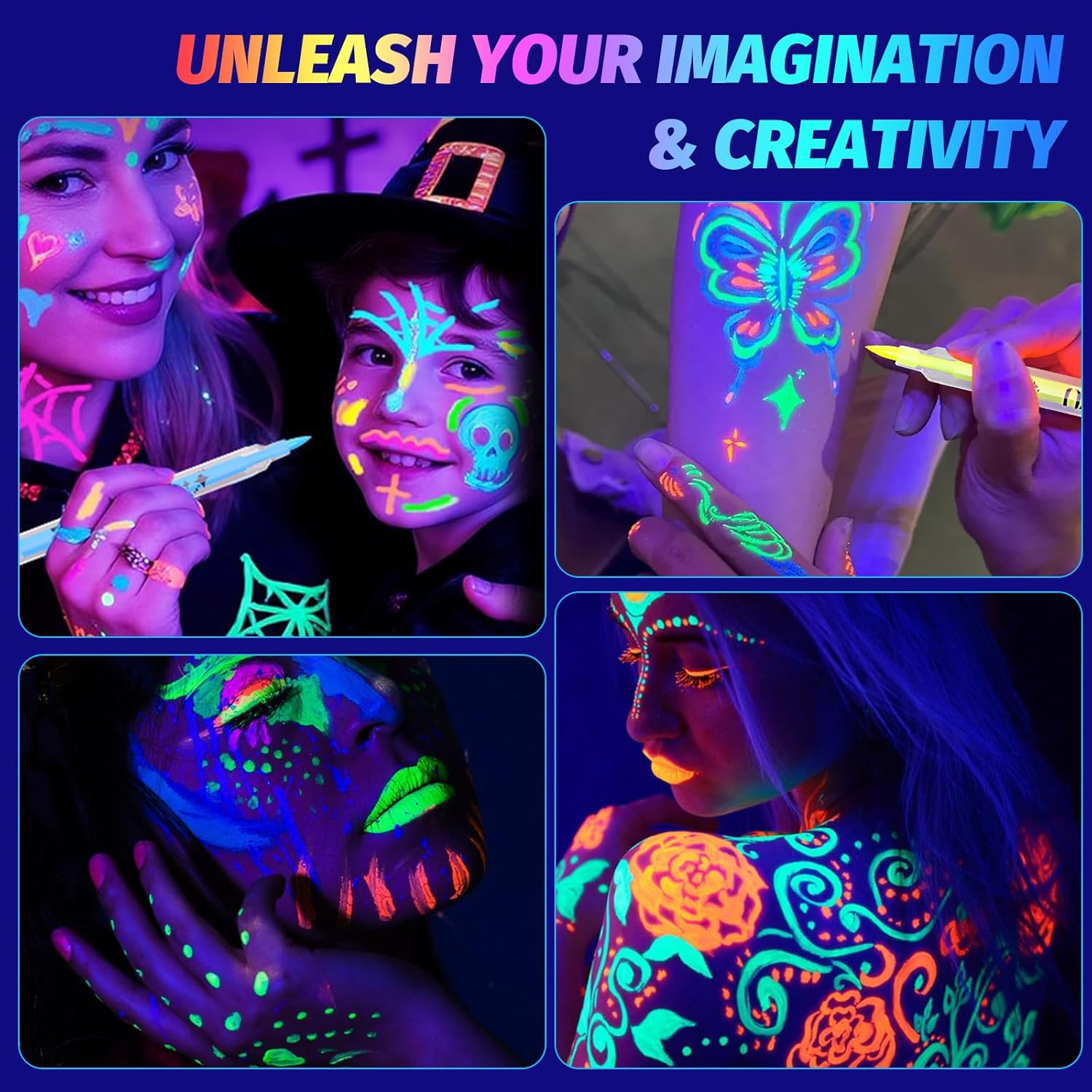 12 Shades Fluorescent Makeup Pencils Fluorescent Painting in the Dark, Skin-Friendly and Water Resistant, Easy to Apply and Remove, Suitable for All Skin Types