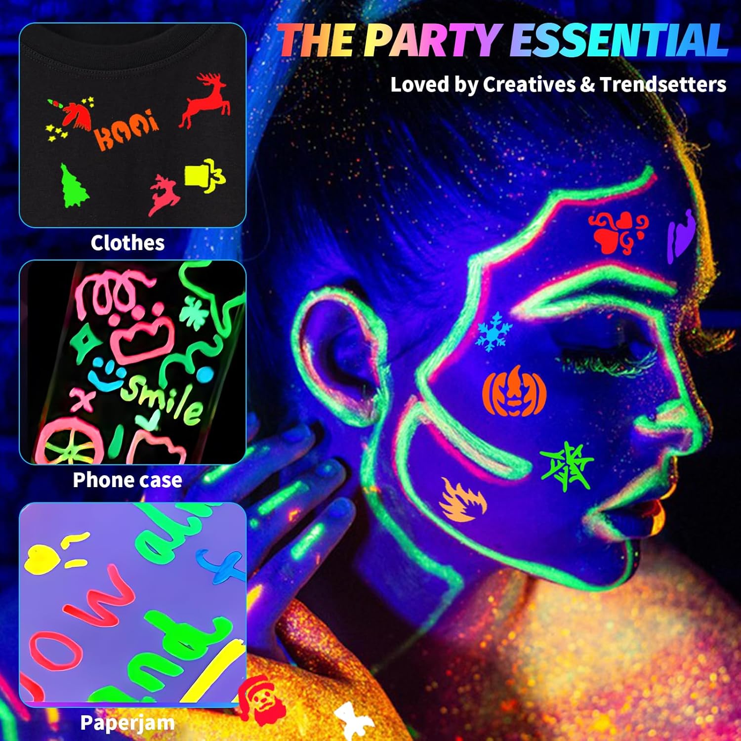 12 Shades Fluorescent Makeup Pencils Fluorescent Painting in the Dark, Skin-Friendly and Water Resistant, Easy to Apply and Remove, Suitable for All Skin Types