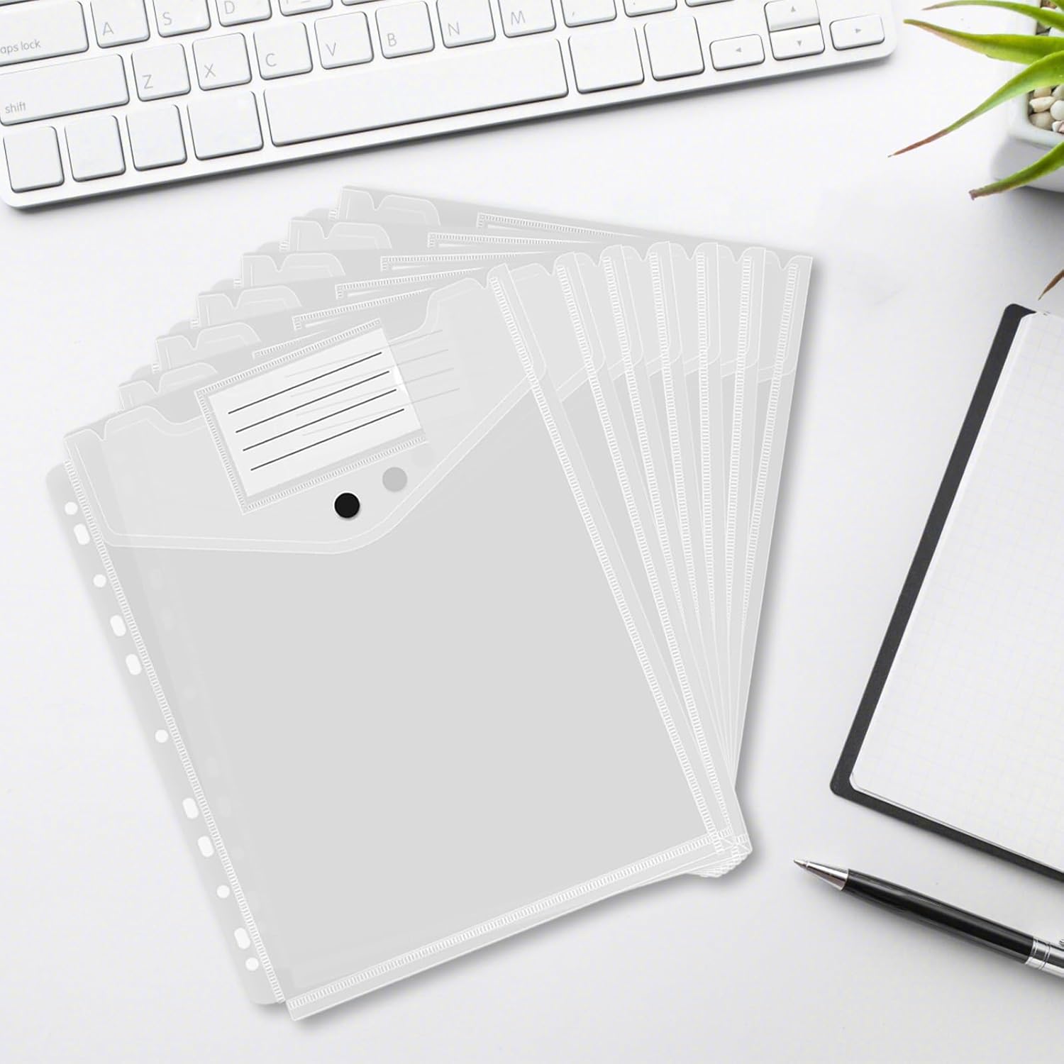 12pcs A4 Document Folders, A4 Transparent Plastic Document Holder for Binder, 11 Holes and Expandable Perforated Pockets with Snaps and Labels for Office School Home Document