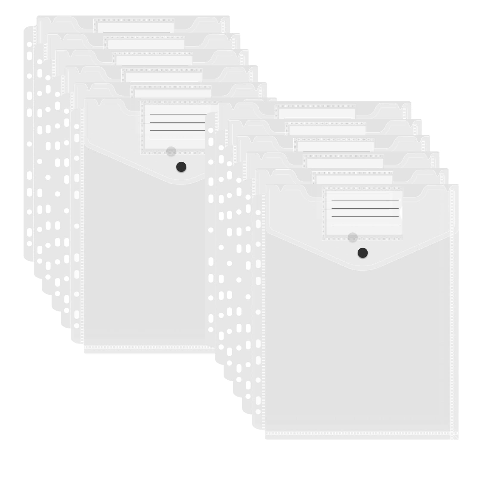 12pcs A4 Document Folders, A4 Transparent Plastic Document Holder for Binder, 11 Holes and Expandable Perforated Pockets with Snaps and Labels for Office School Home Document