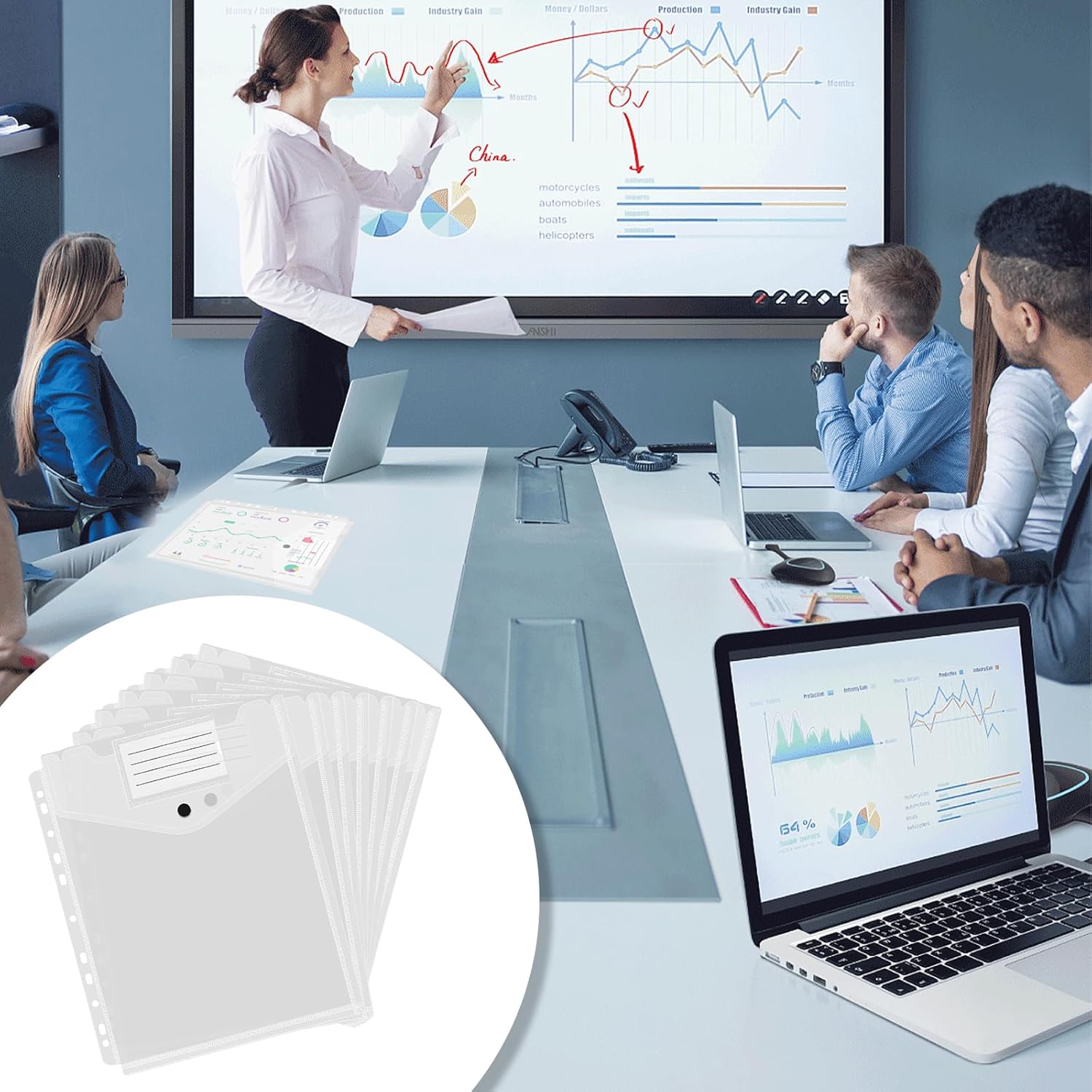 12pcs A4 Document Folders, A4 Transparent Plastic Document Holder for Binder, 11 Holes and Expandable Perforated Pockets with Snaps and Labels for Office School Home Document