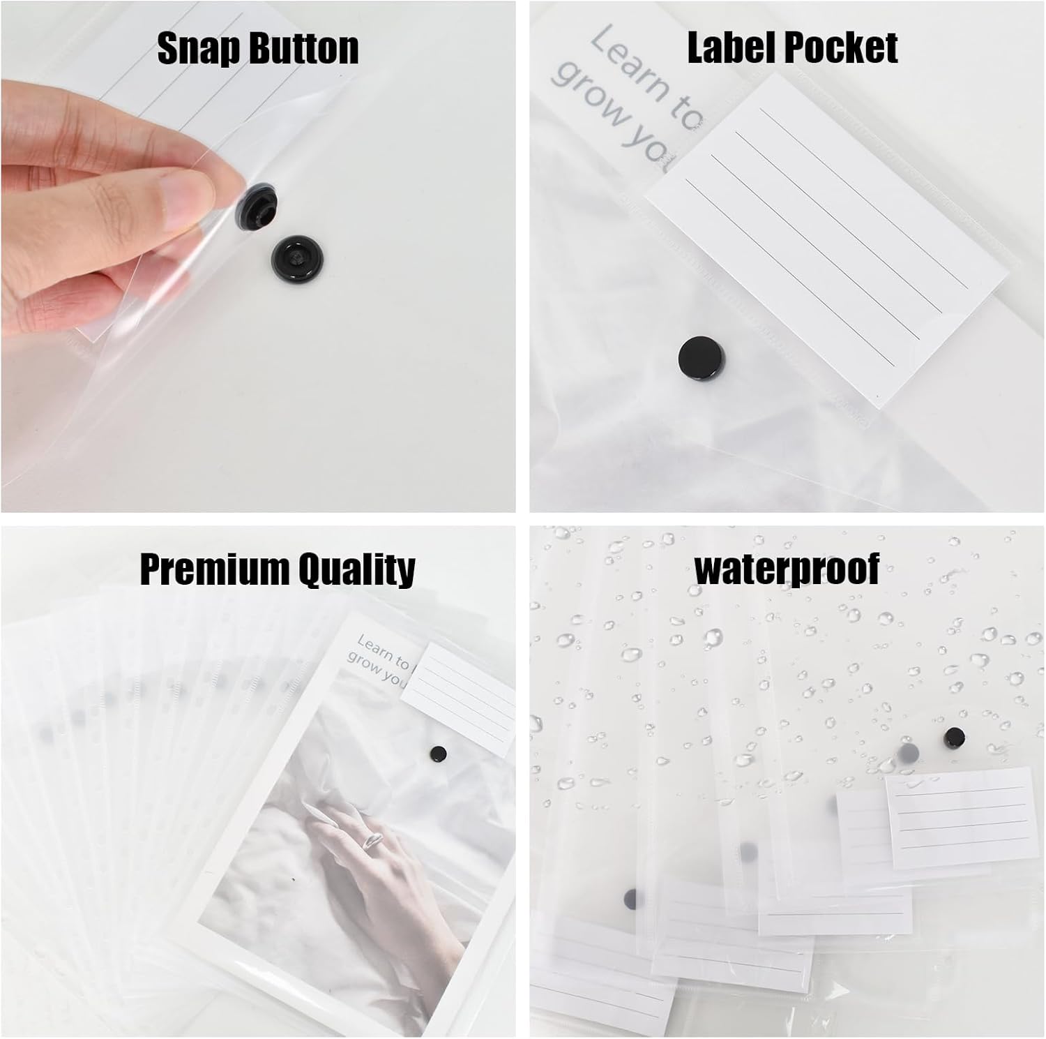 12pcs A4 Document Folders, A4 Transparent Plastic Document Holder for Binder, 11 Holes and Expandable Perforated Pockets with Snaps and Labels for Office School Home Document