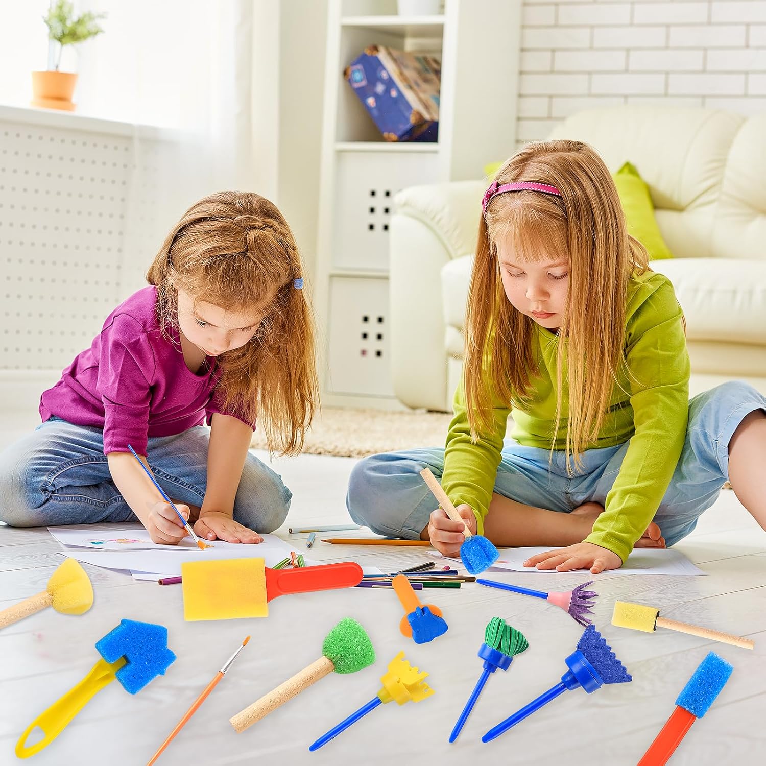 30 Pieces Paint Brushes for Kids, Painting Sponges for Kids, Beginner Practice Brushes, Baby Painting Kit for Painting Shapes, Graffiti, DIY Learning Paint Set