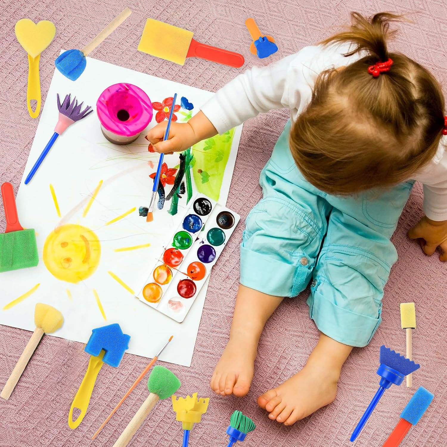 30 Pieces Paint Brushes for Kids, Painting Sponges for Kids, Beginner Practice Brushes, Baby Painting Kit for Painting Shapes, Graffiti, DIY Learning Paint Set