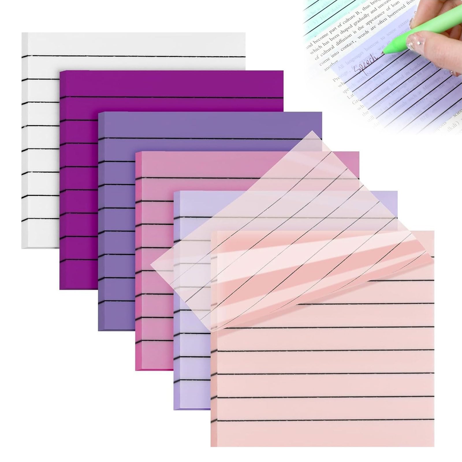 300 sheets of transparent sticky notes 3"x3" (7.6x7.6 cm), transparent lined sticky notes in various colors - ideal as bookmarks, for to-do lists and birthday party favors