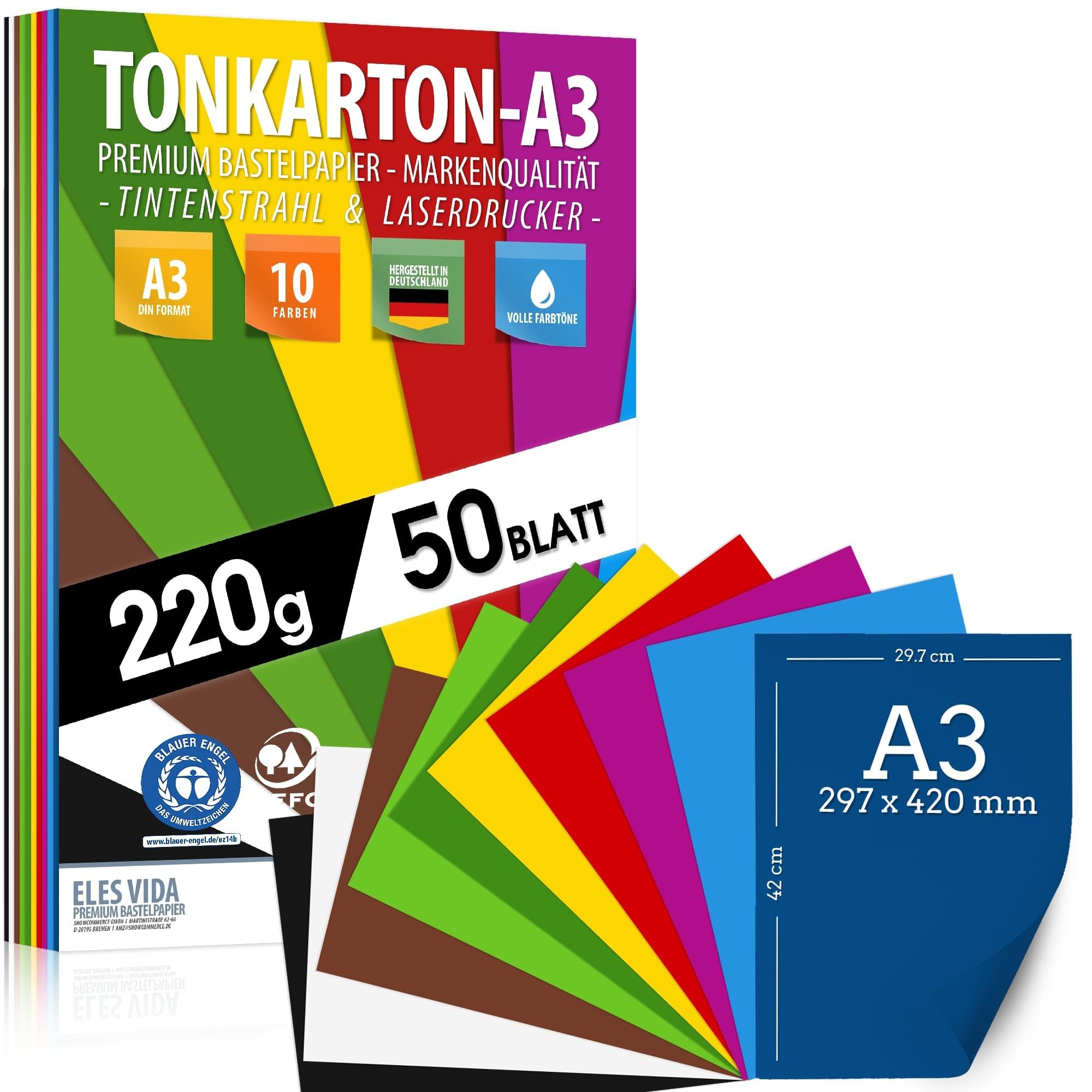 50 sheets of colored paper A3 CARDBOARD - 220 g set 10 colors - thick paper, colored sheets - children's cardboard, DIY sheets, cardboard accessories - gift photo albums - MADE IN GERMANY
