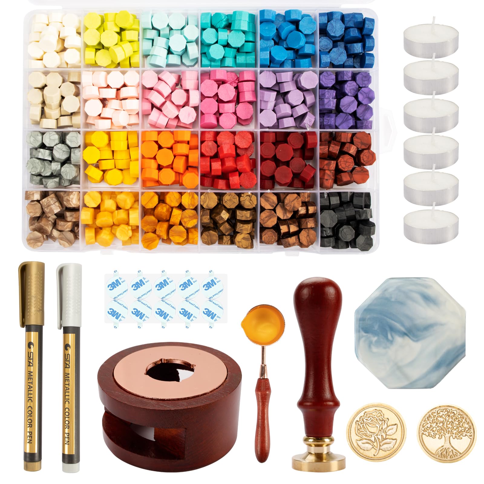 644 Pieces Sealing Wax Kit, 24 Colors Sealing Wax Beads Set for Wax Seals/Metal Sealing Wax Stamp/Fusing Tools/Wax Mat/Stickers for Decorating Envelope Letters Weddings 04