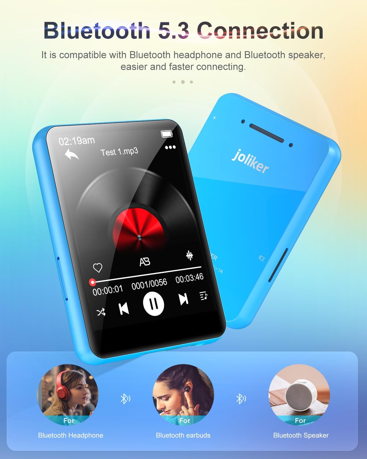 64GB MP3 Player with Bluetooth 5.0, Portable Music Player HIFI Sound Quality with Speaker, 2.4" Full Touch Screen, E-Book, Alarm Clock, FM Radio, Voice Recorder, Support up to 128GB