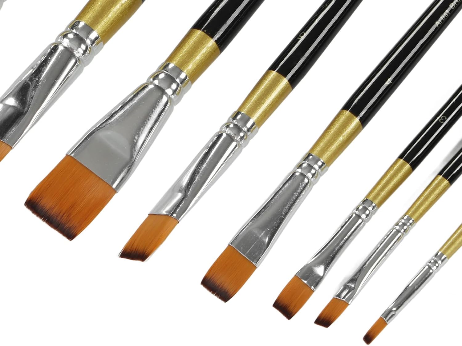 8 Piece Paint Brush Set, Black Ergonomic Handle, Soft Waterproof Bristle, Acrylic Brushes for School and Home - Non-Slip Design, Nylon Bristle, Suitable for Various Techniques