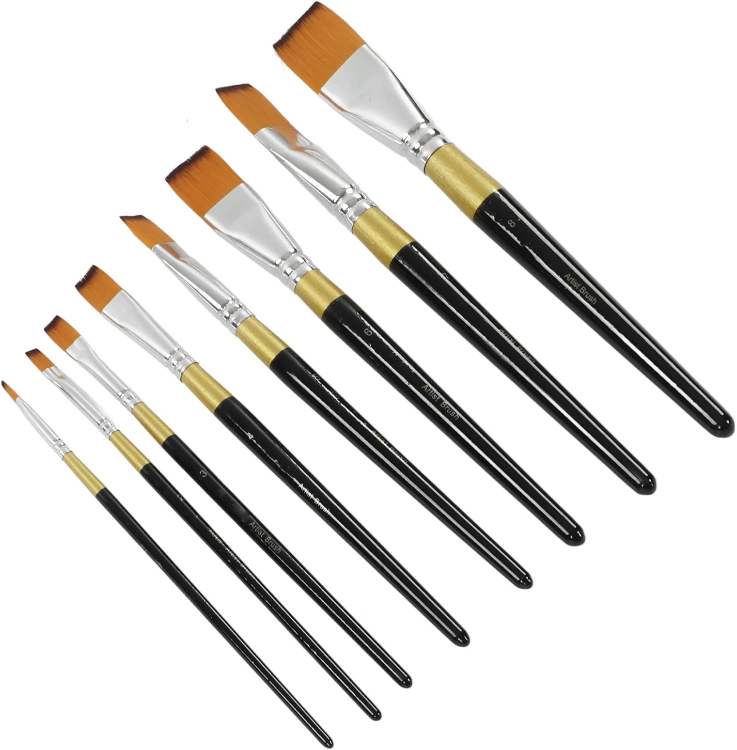 8 Piece Paint Brush Set, Black Ergonomic Handle, Soft Waterproof Bristle, Acrylic Brushes for School and Home - Non-Slip Design, Nylon Bristle, Suitable for Various Techniques
