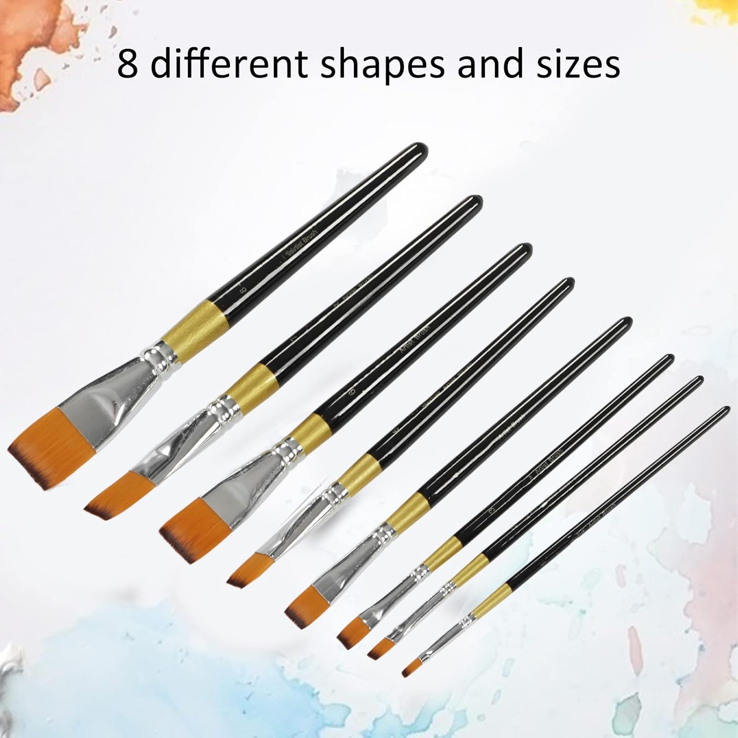 8 Piece Paint Brush Set, Black Ergonomic Handle, Soft Waterproof Bristle, Acrylic Brushes for School and Home - Non-Slip Design, Nylon Bristle, Suitable for Various Techniques