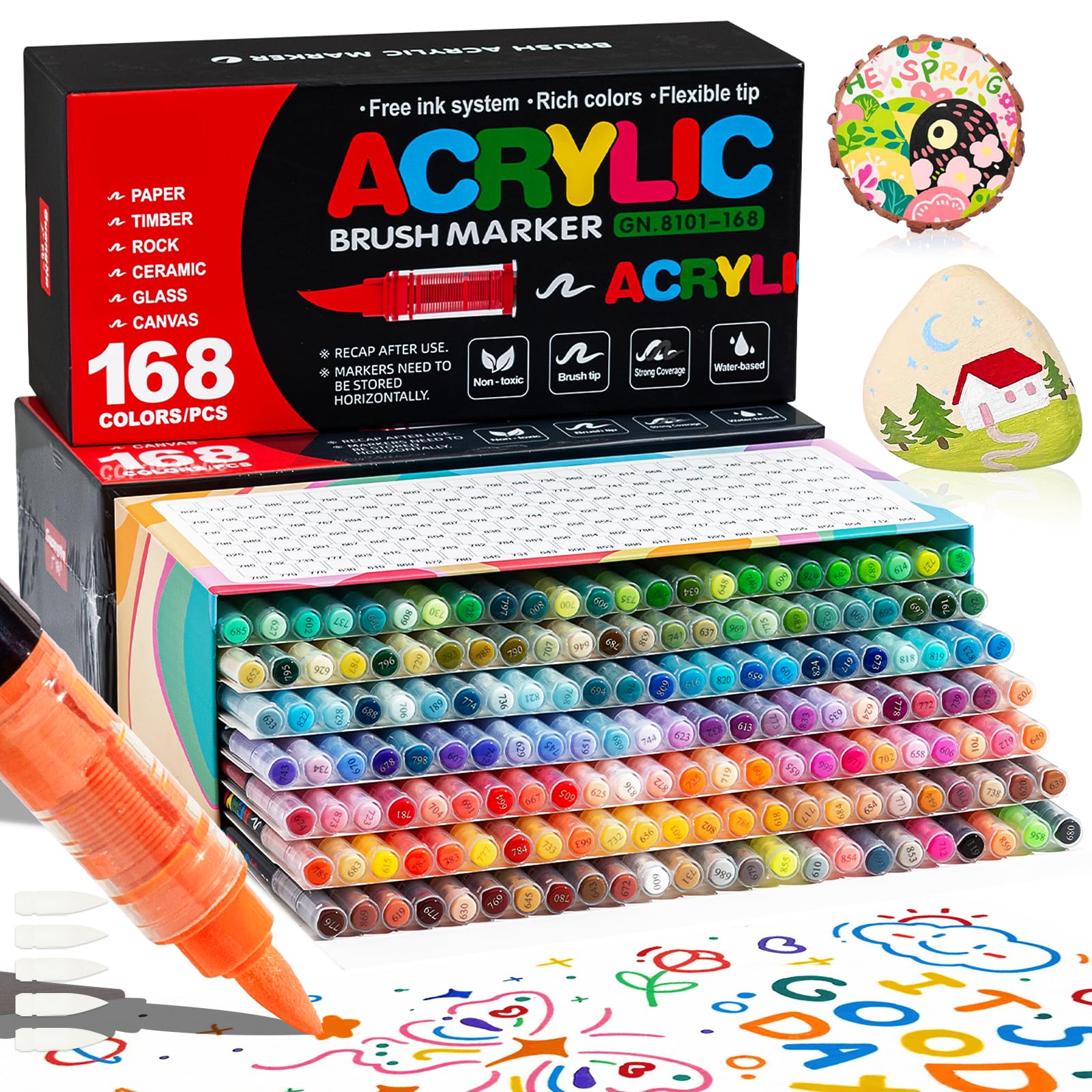 Acrylic Markers, 168 Colors Acrylic Marker, Acrylic Brush Pen Marker for Coloring, Calligraphy, Painting, Wood, Glass, Plastic, Fabrics, Stones, Ceramics