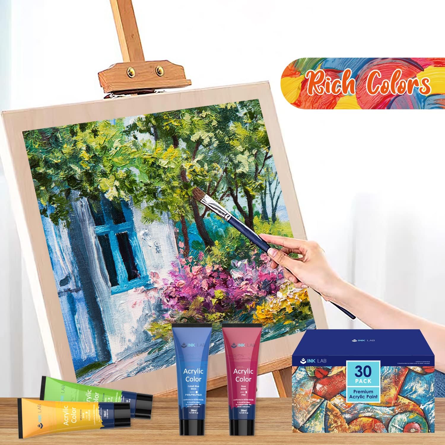 Acrylic Paint 24 Tubes 36ml Non-toxic Set of Acrylic Colors for Painting Paper Canvas Wood Ceramic Model Artists Beginners Children, Rich in Pigments