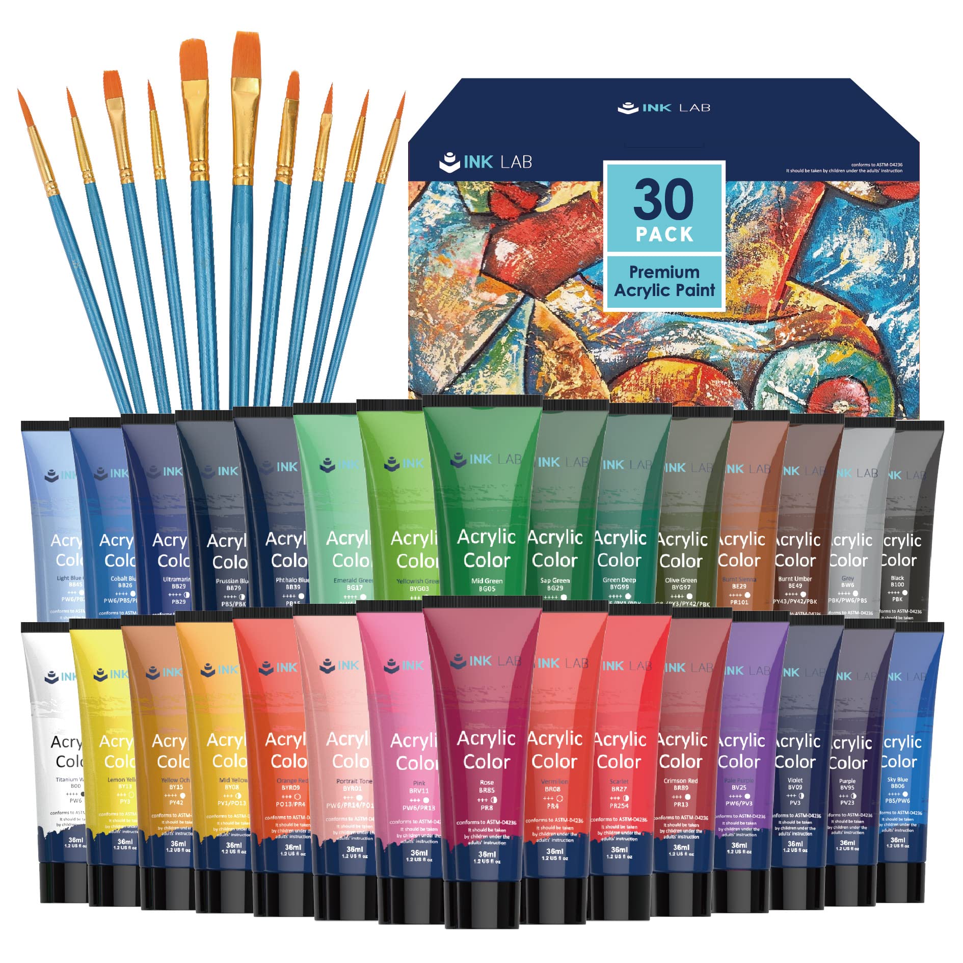 Acrylic Paint 24 Tubes 36ml Non-toxic Set of Acrylic Colors for Painting Paper Canvas Wood Ceramic Model Artists Beginners Children, Rich in Pigments